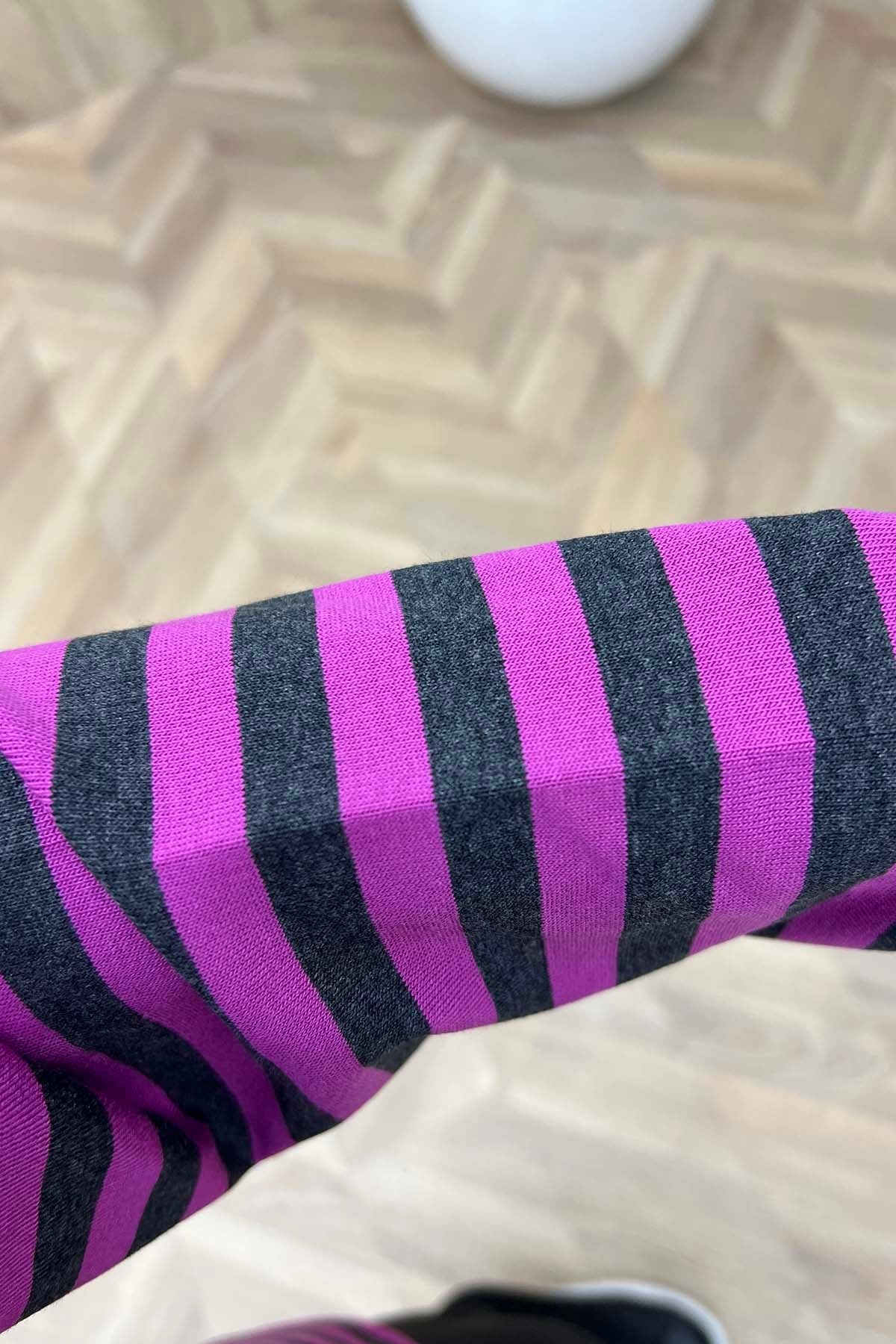 Bisiklet Yaka Çizgili Penye Sweatshirt Pembe