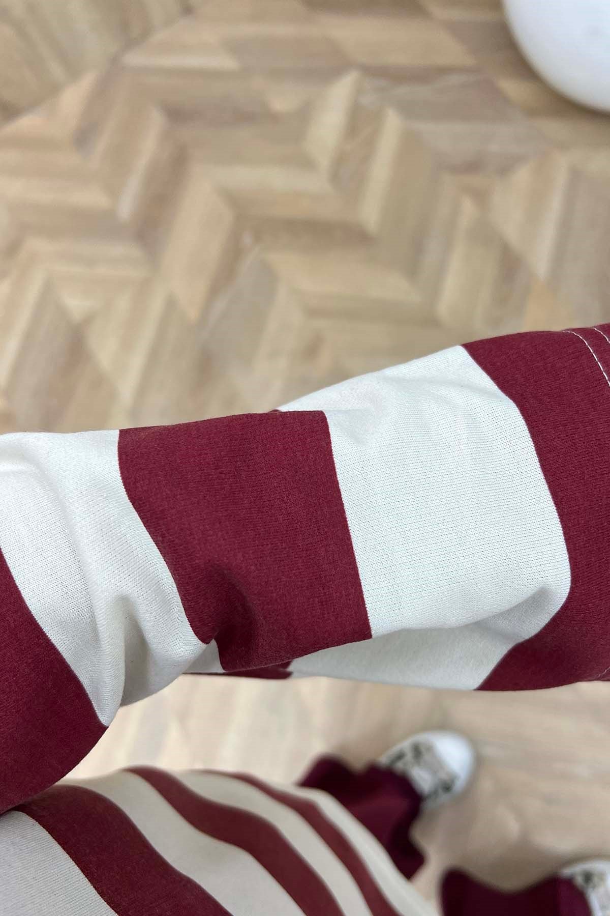 Bisiklet Yaka Çizgili Sweatshirt Kırmızı