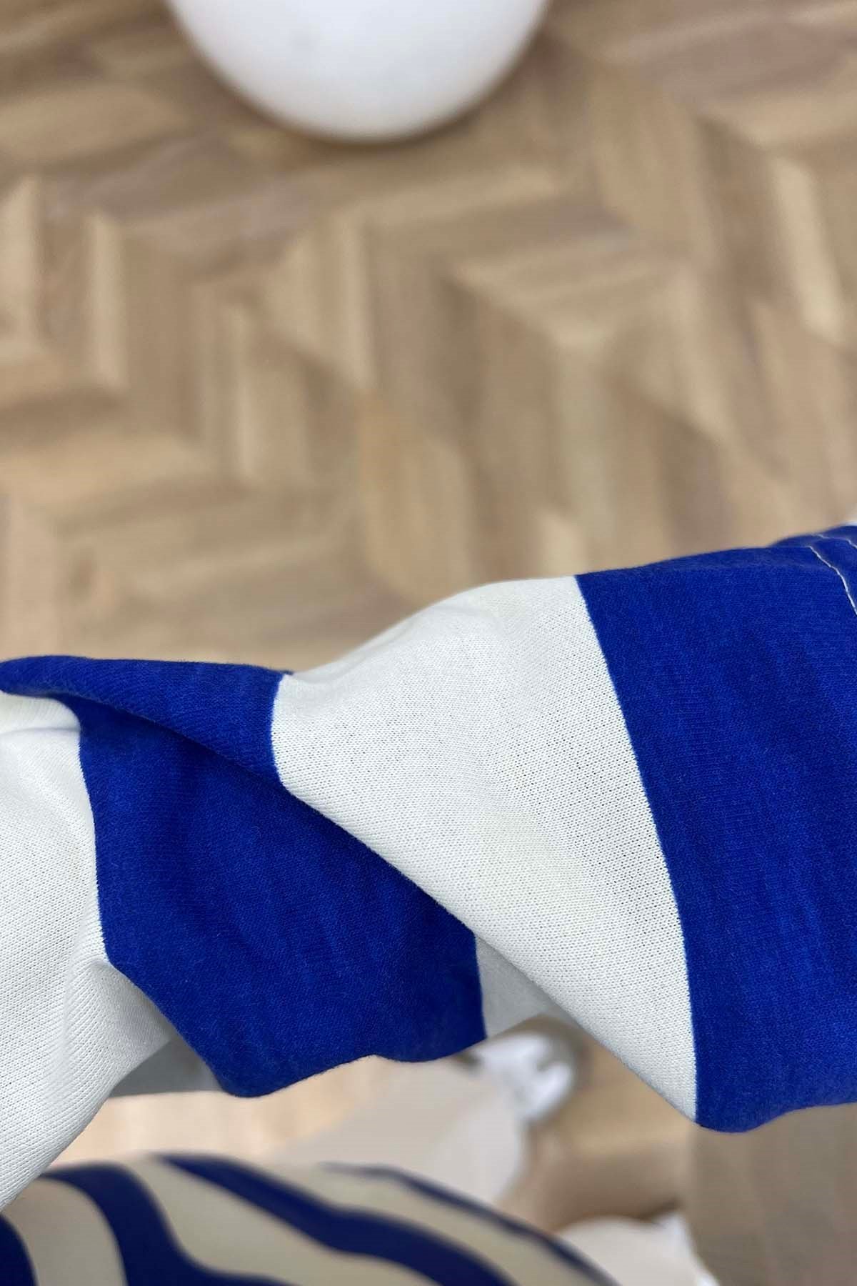 Bisiklet Yaka Çizgili Sweatshirt Mavi