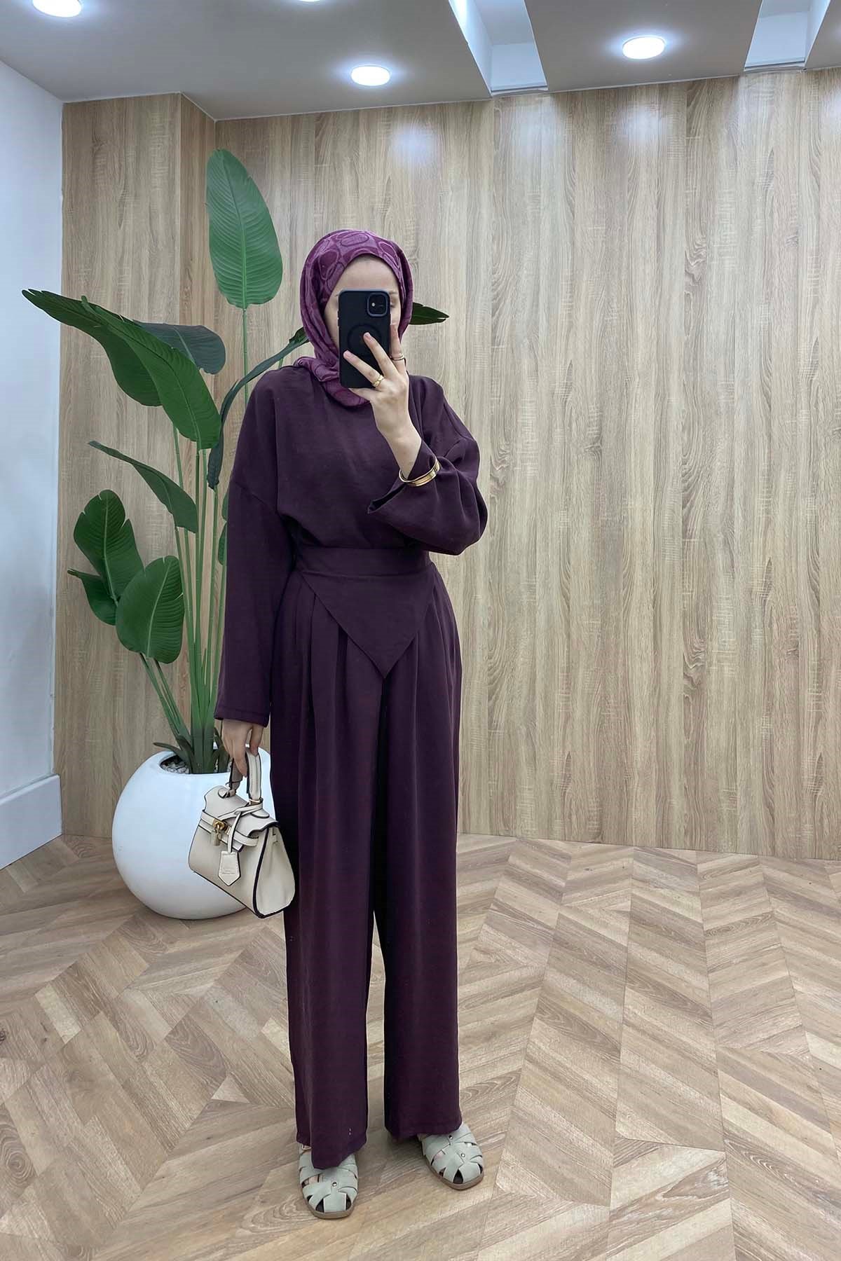 Bisiklet Yaka Günlük Rahat Takım Mürdüm