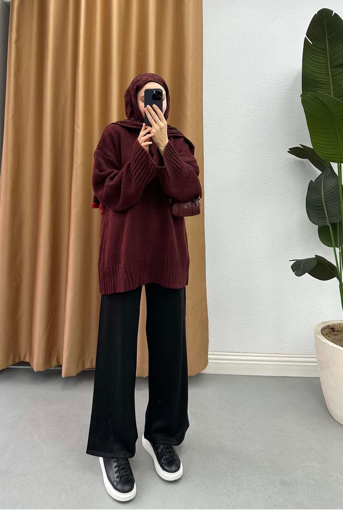 Bisiklet Yaka Triko Kazak Bordo