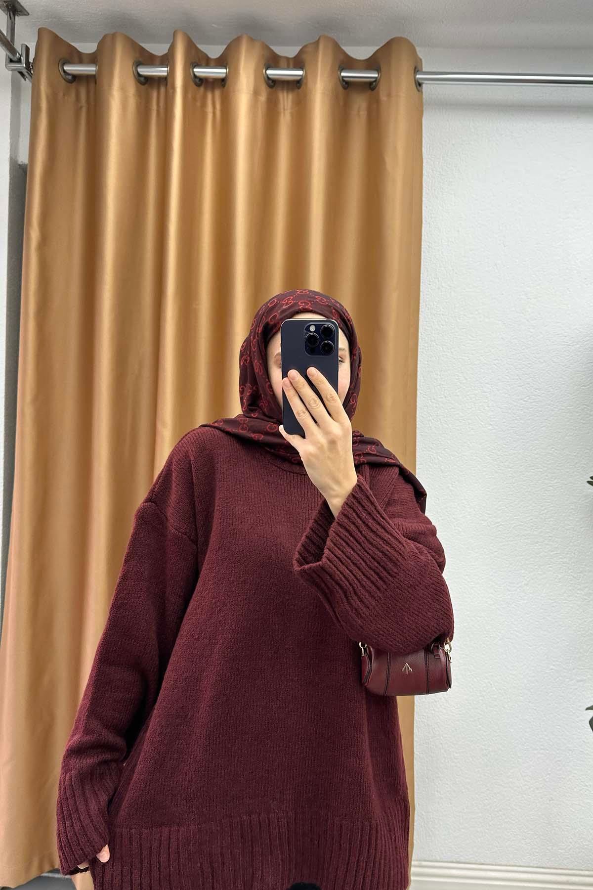 Bisiklet Yaka Triko Kazak Bordo