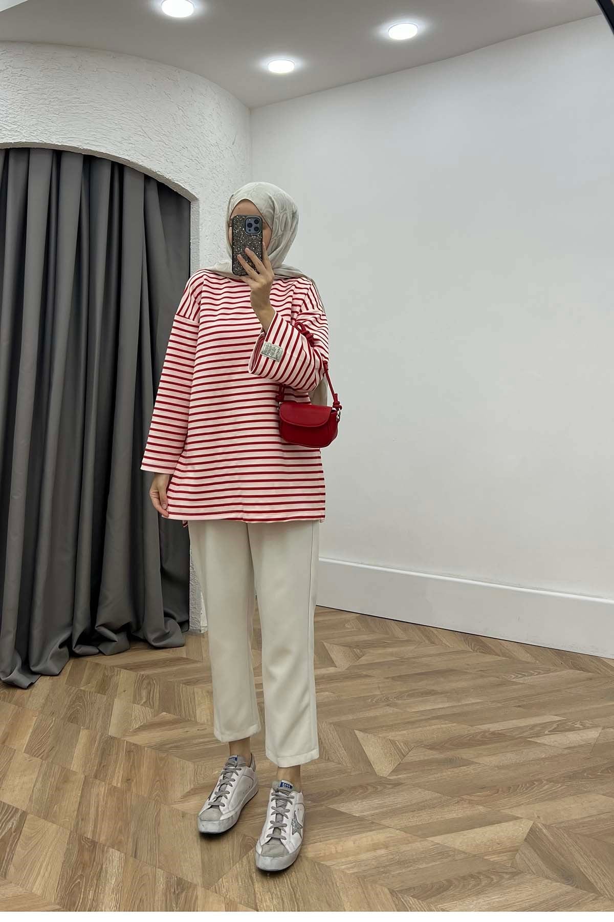 Bisiklet Yaka Yırtmaçlı Çizgili Sweatshirt Kırmızı