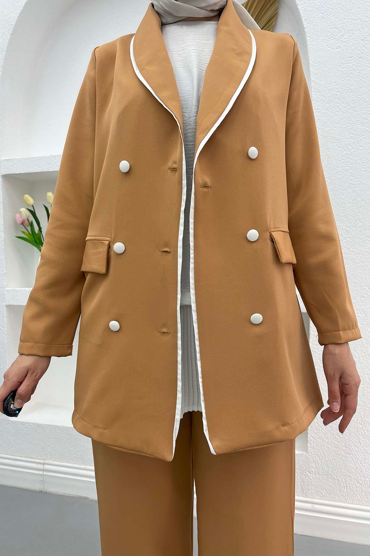 Biyeli Ceket Pantolon Takım Camel