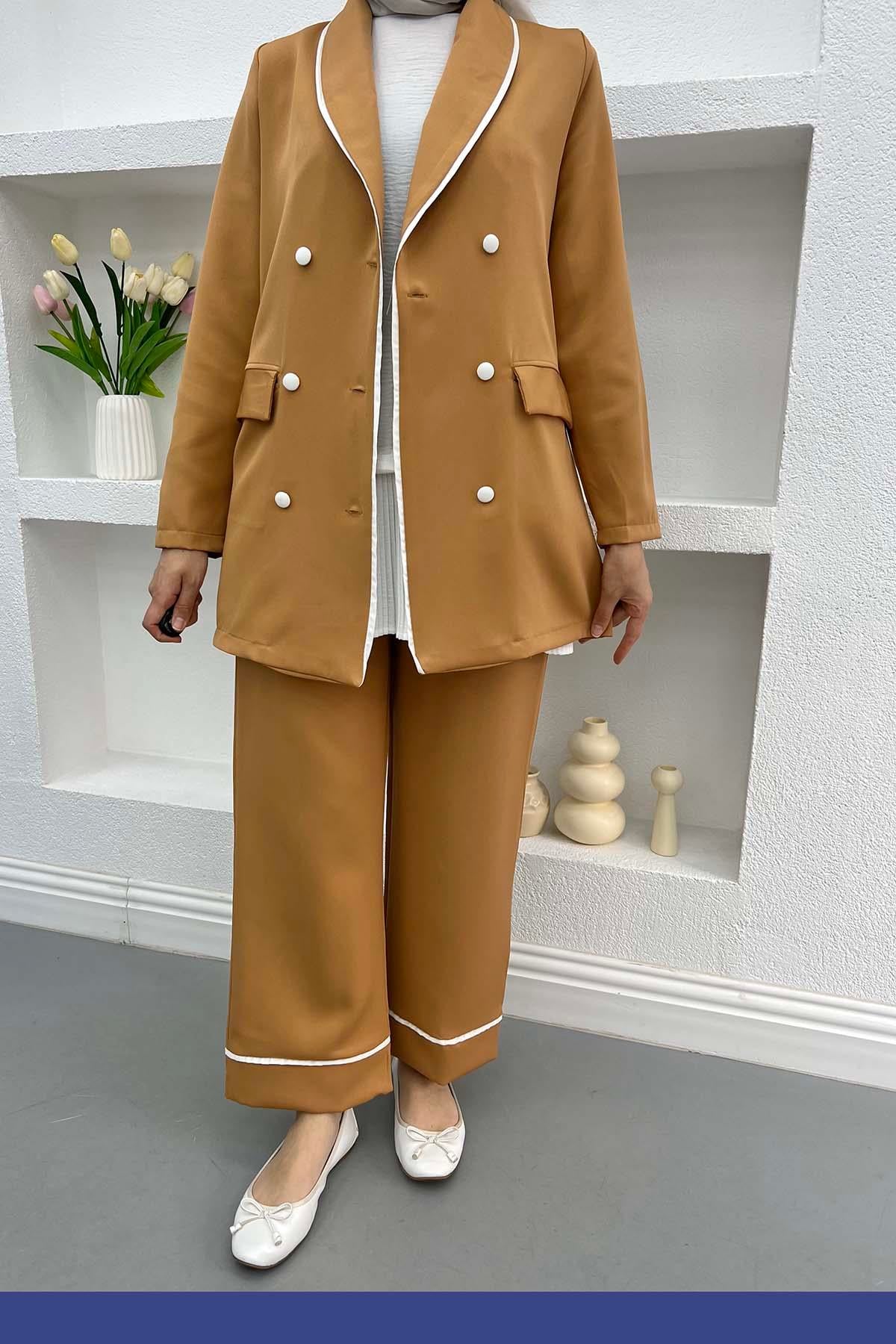 Biyeli Ceket Pantolon Takım Camel