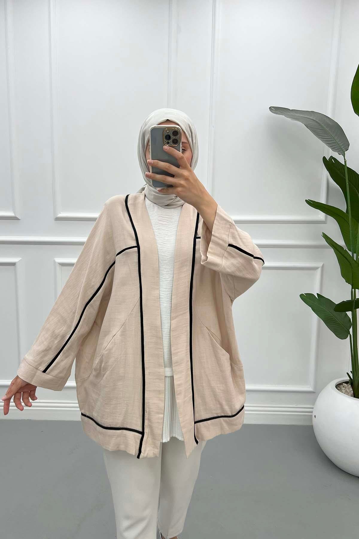 Biyeli Keten Kimono Bej