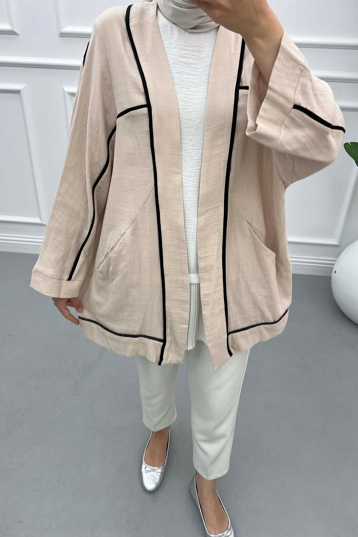 Biyeli Keten Kimono Bej