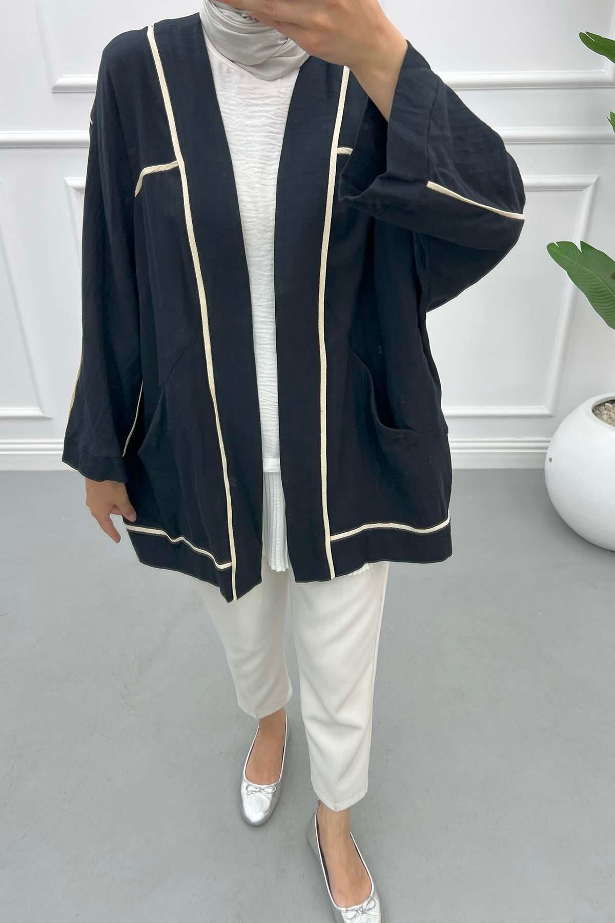 Biyeli Keten Kimono Siyah