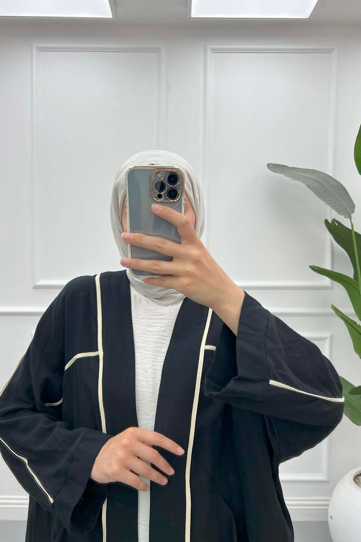 Biyeli Keten Kimono Siyah