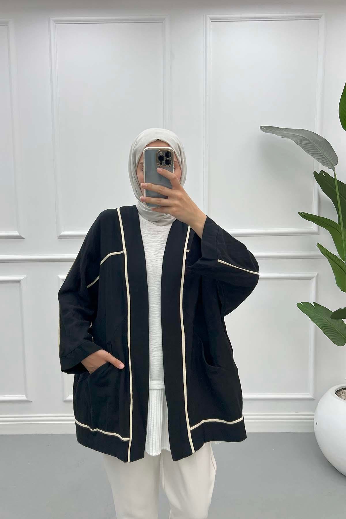 Biyeli Keten Kimono Siyah