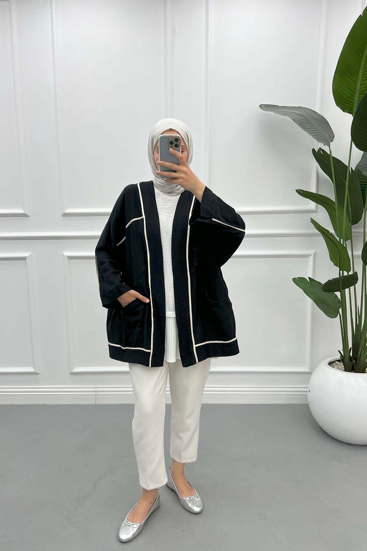 Biyeli Keten Kimono Siyah