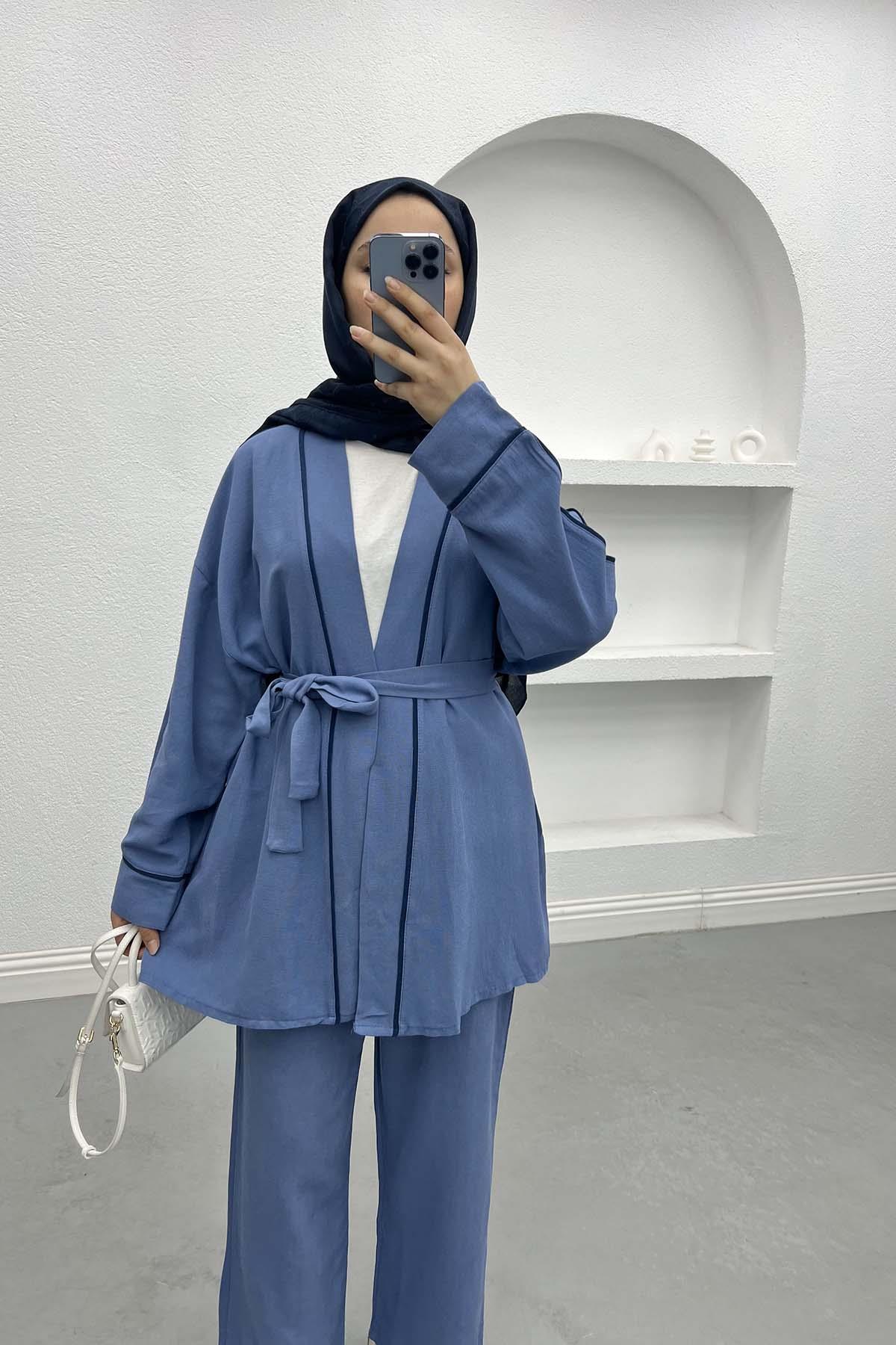 Biyeli Kimono Takım İndigo