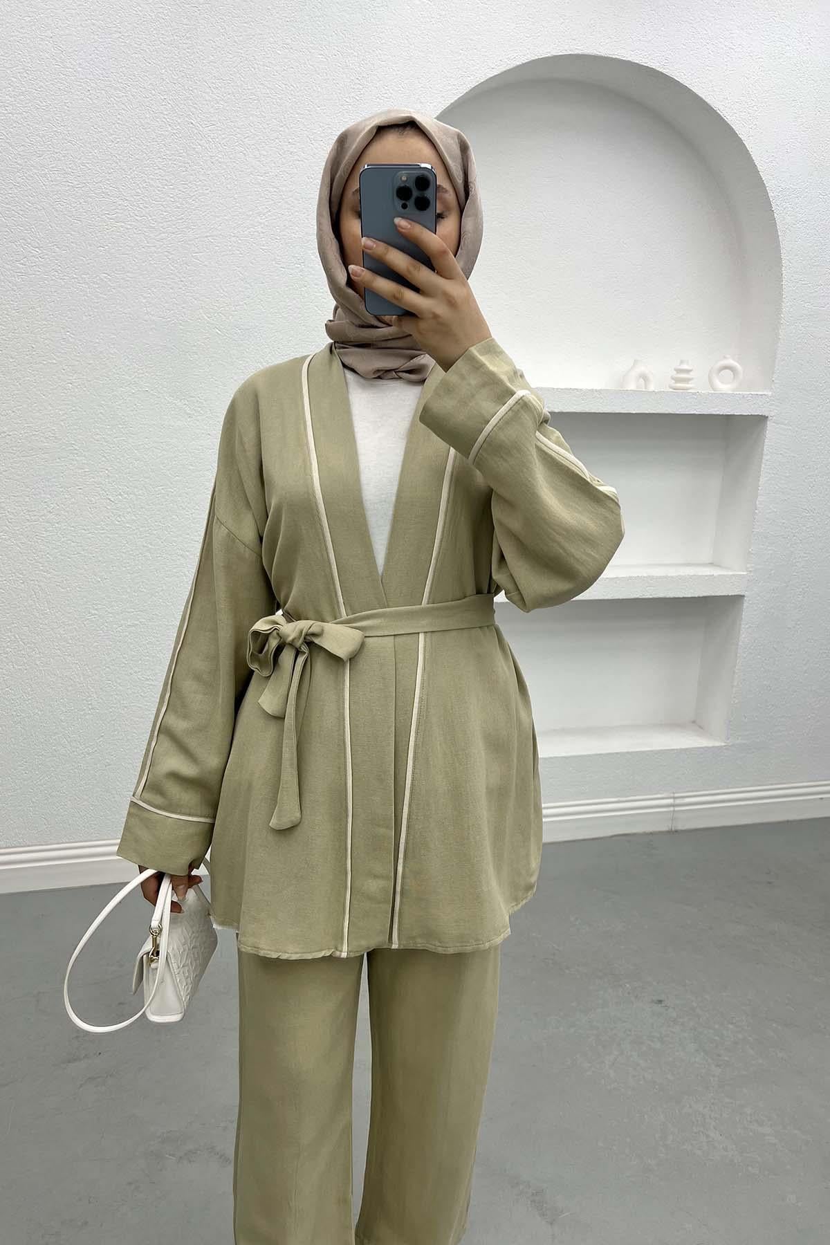Biyeli Kimono Takım Soft Yeşil
