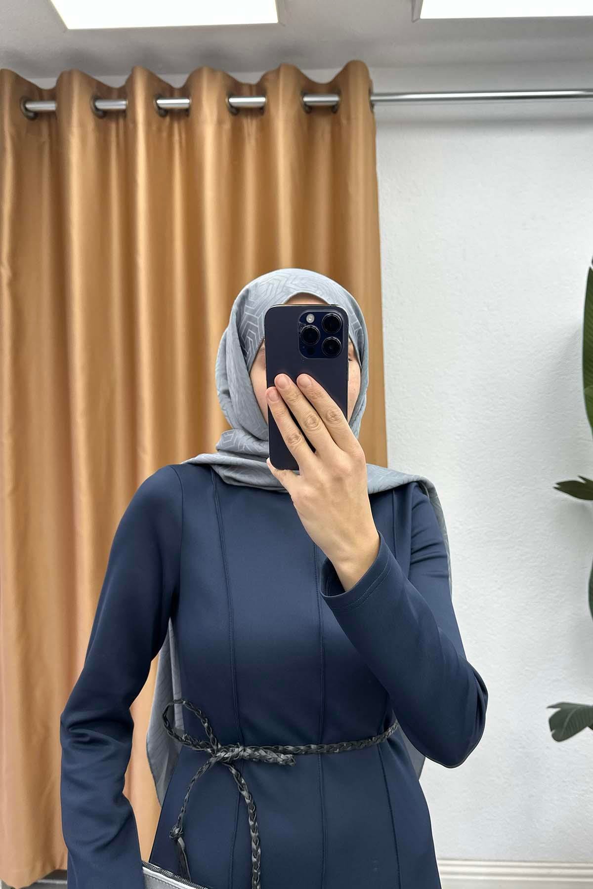 Biyeli Kuşaklı Scuba Elbise Lacivert