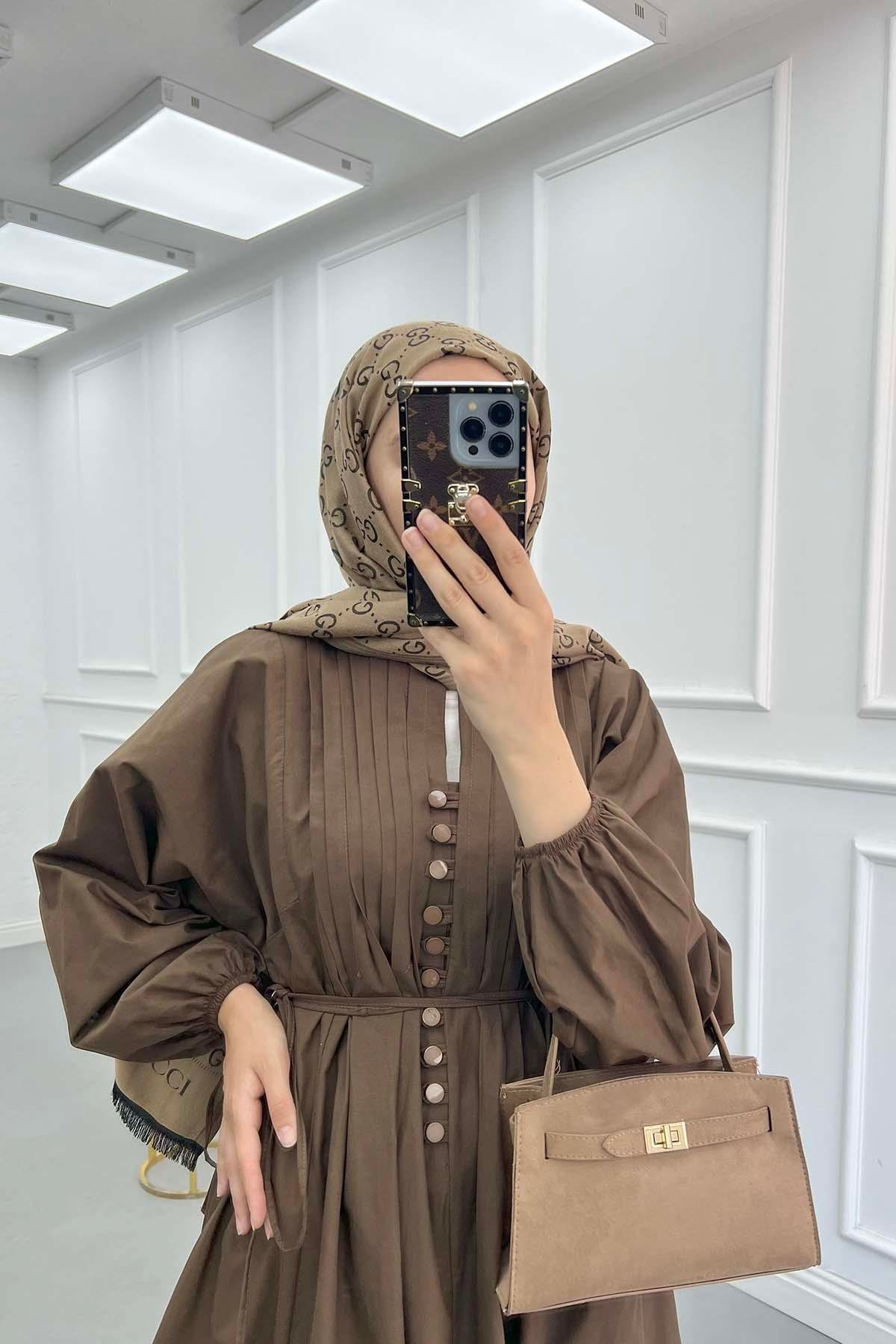 Biyeli Poplin Elbise Kahve