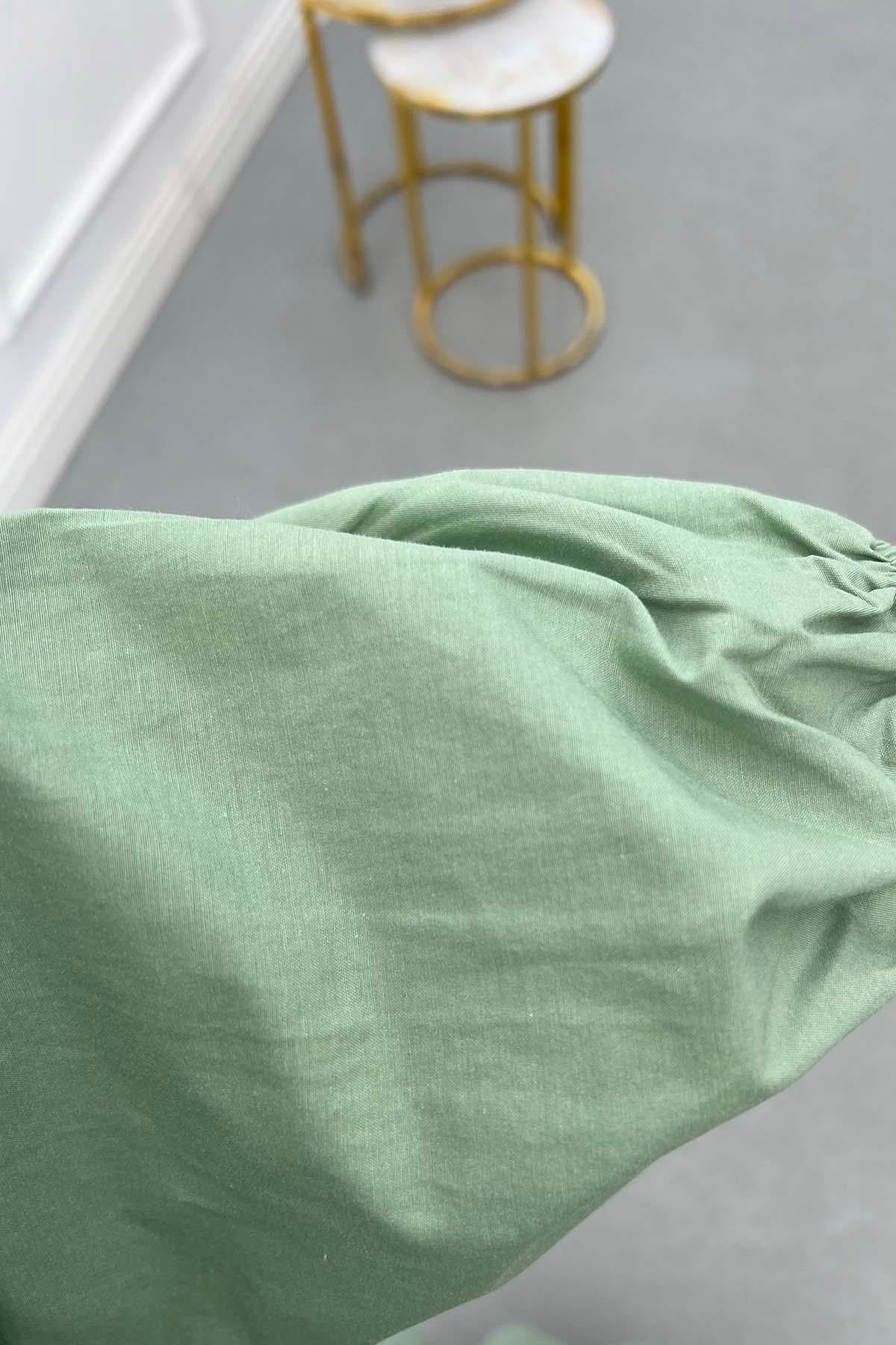 Biyeli Poplin Elbise Mint Yeşili