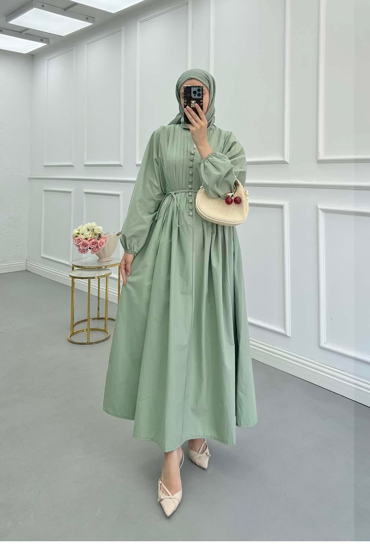 Biyeli Poplin Elbise Mint Yeşili