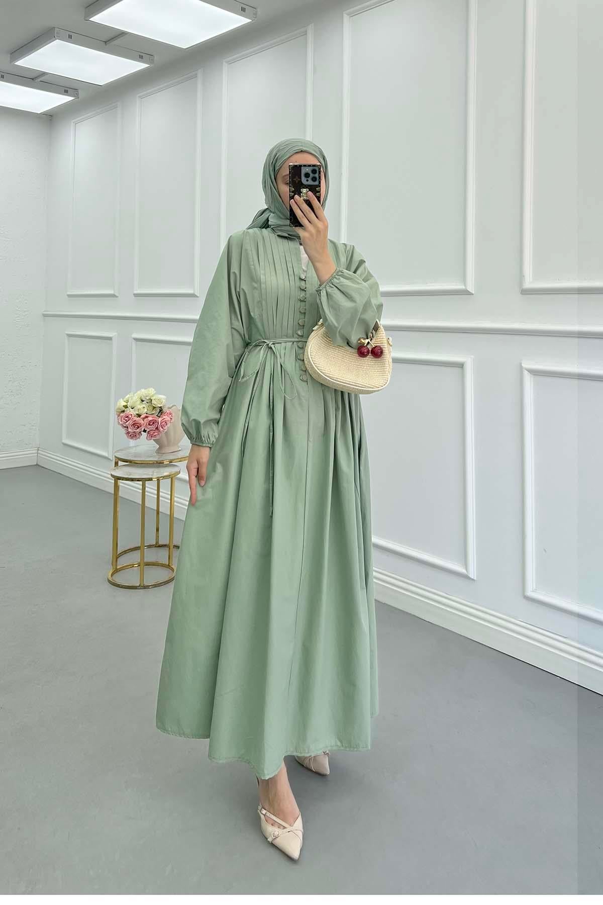Biyeli Poplin Elbise Mint Yeşili