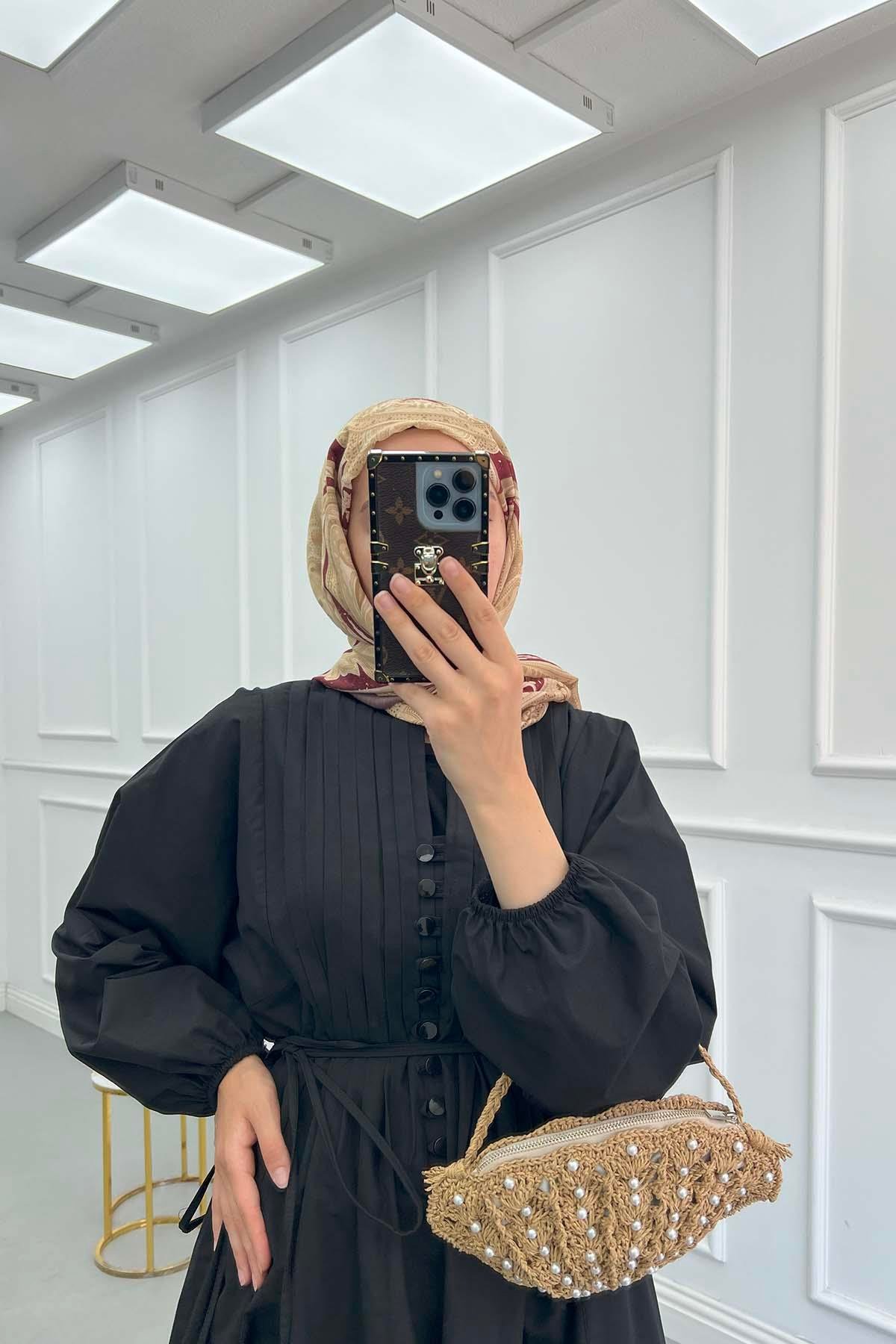 Biyeli Poplin Elbise Siyah