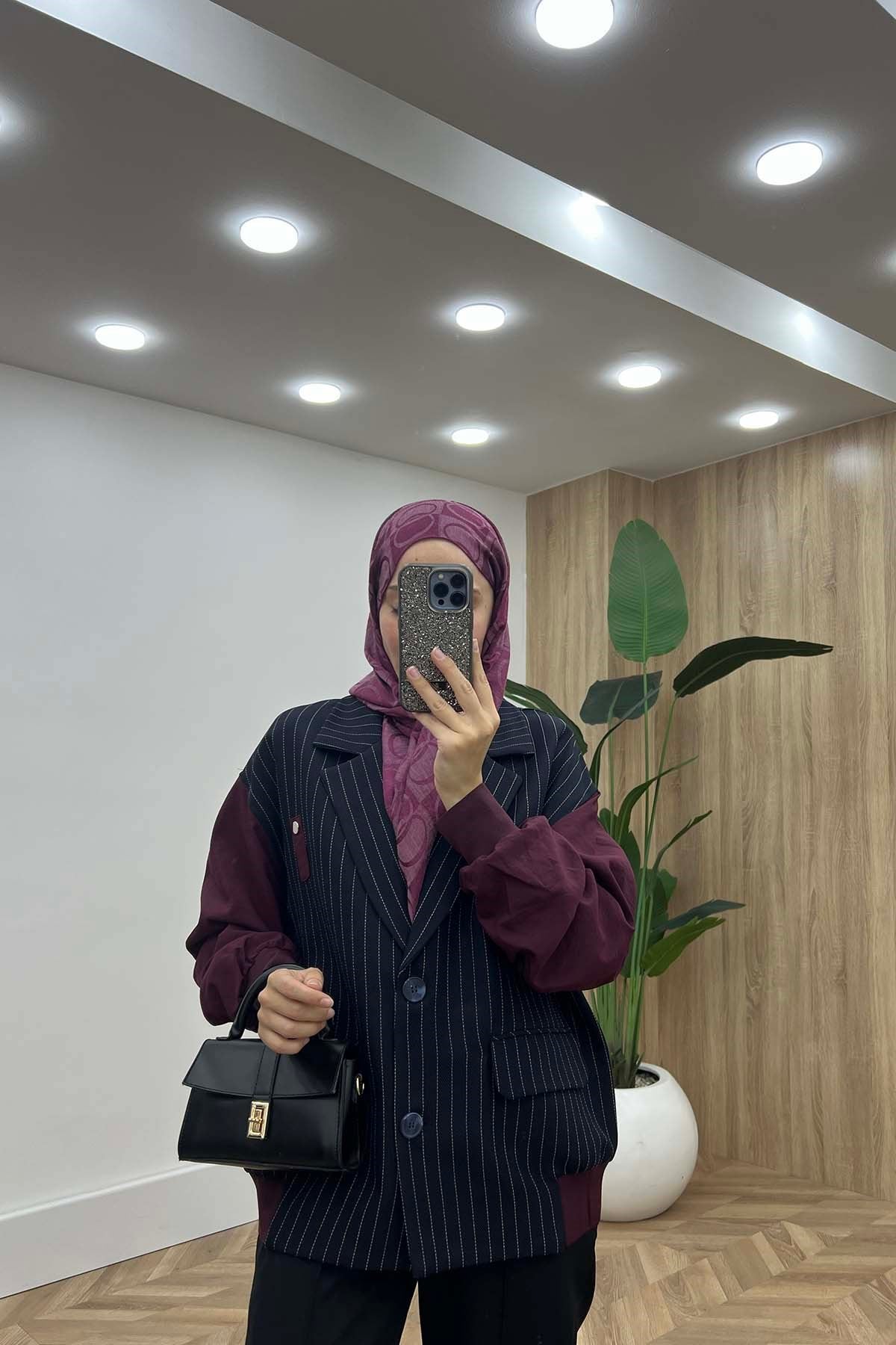 Blazer Yakalı Çizgili Bomber Ceket Bordo - Lacivert
