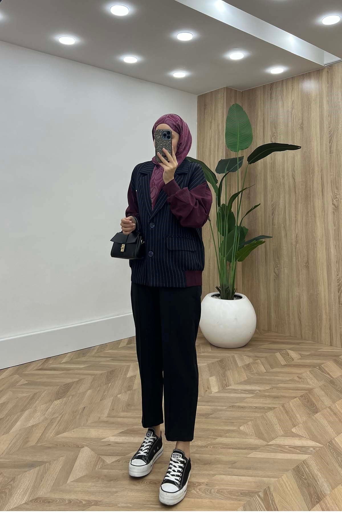 Blazer Yakalı Çizgili Bomber Ceket Bordo - Lacivert
