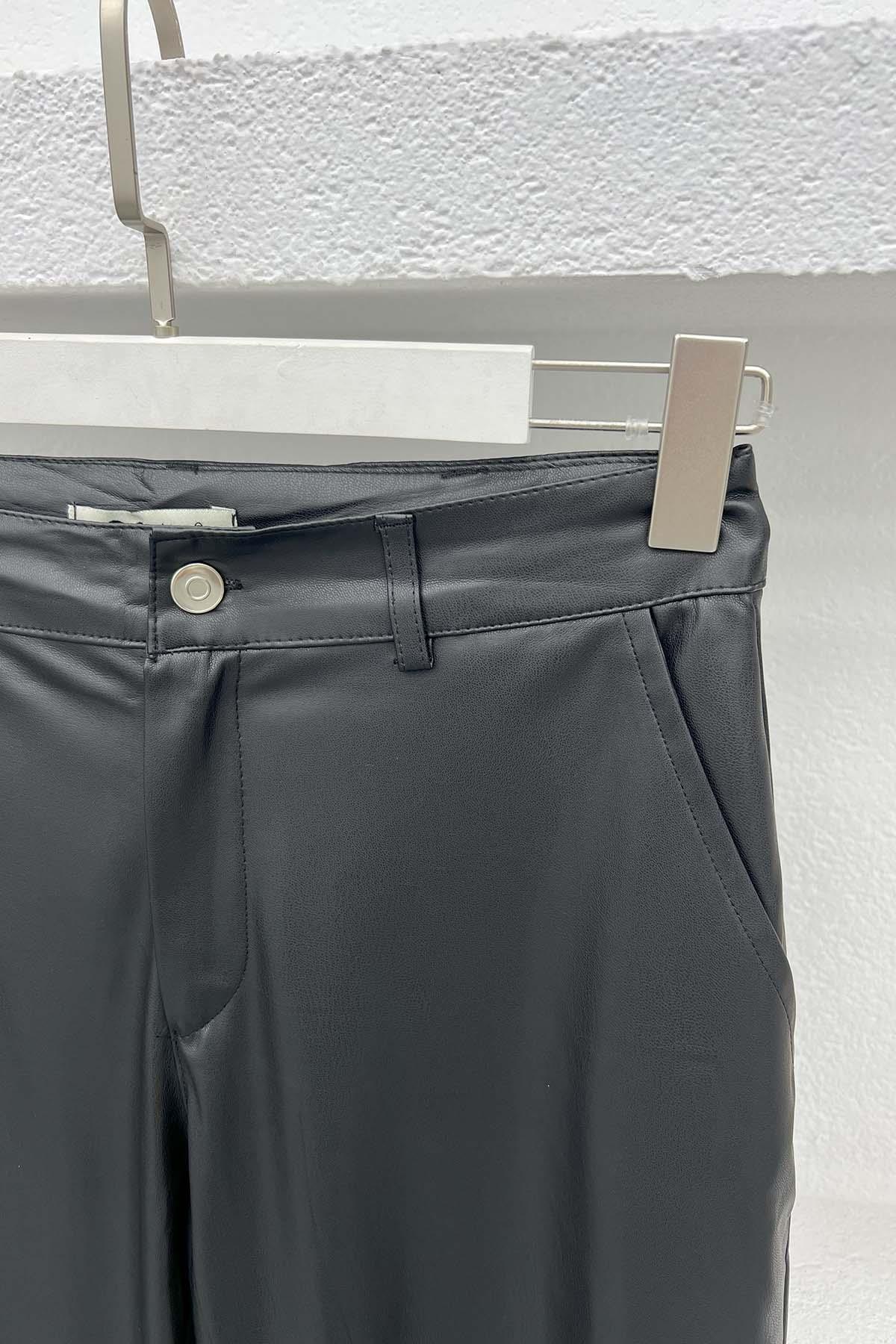 Bol Paça Deri Pantolon Siyah