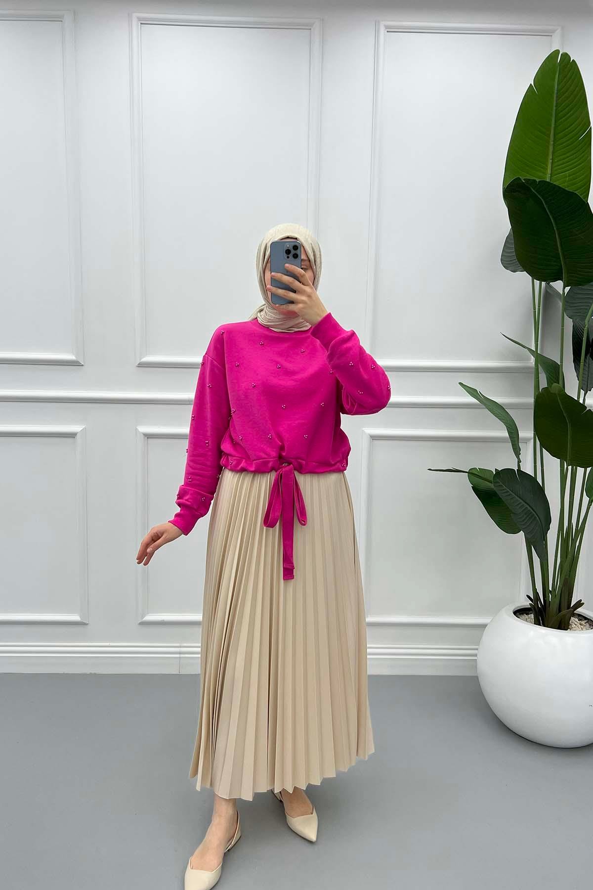 Boncuklu Kısa Sweatshirt Pembe