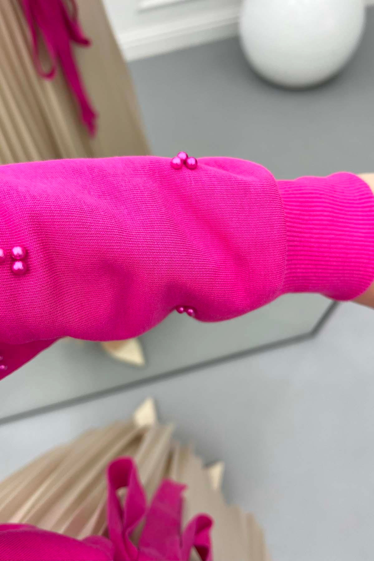 Boncuklu Kısa Sweatshirt Pembe