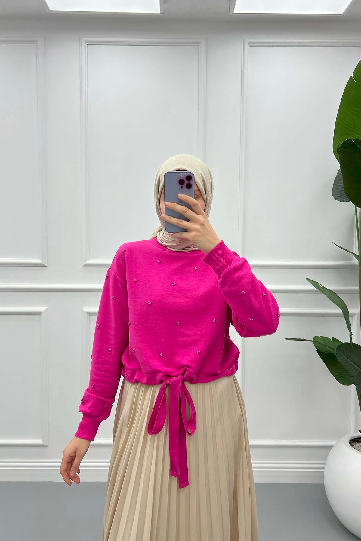 Boncuklu Kısa Sweatshirt Pembe