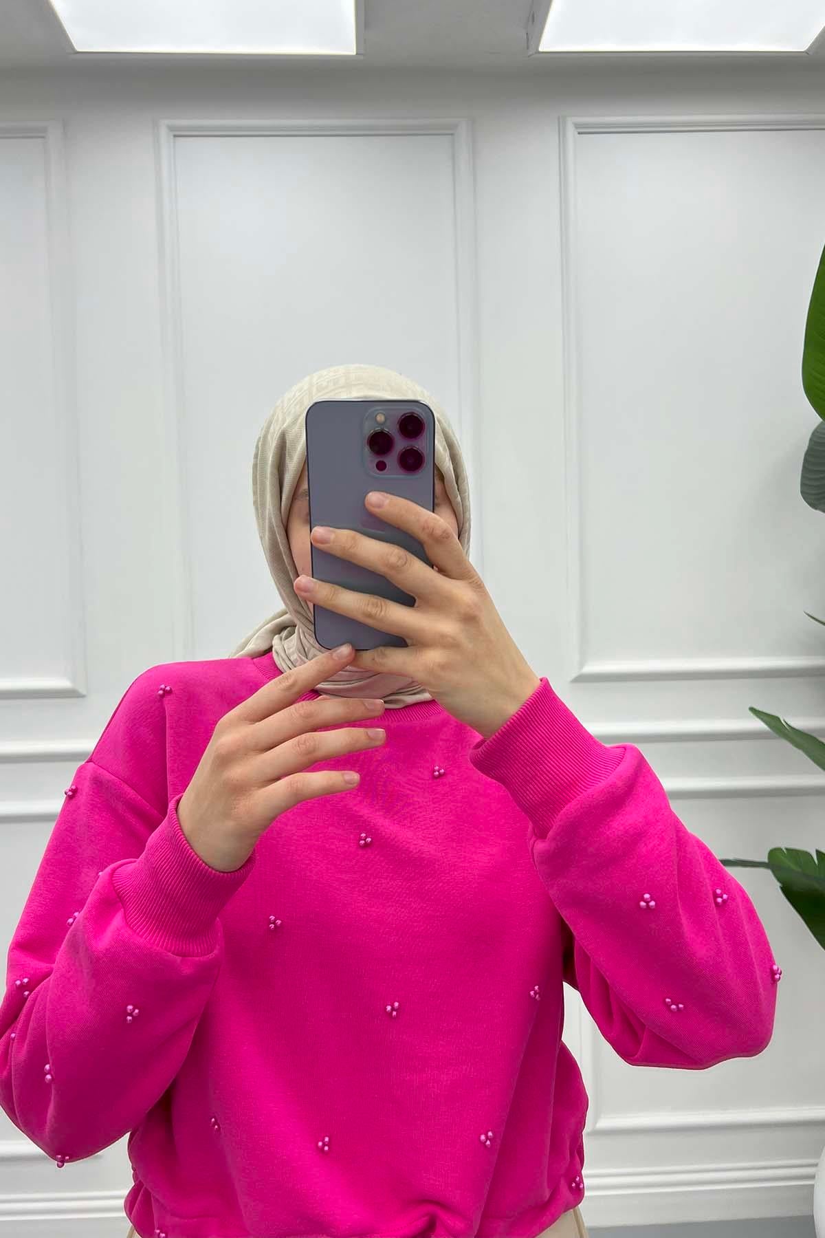 Boncuklu Kısa Sweatshirt Pembe