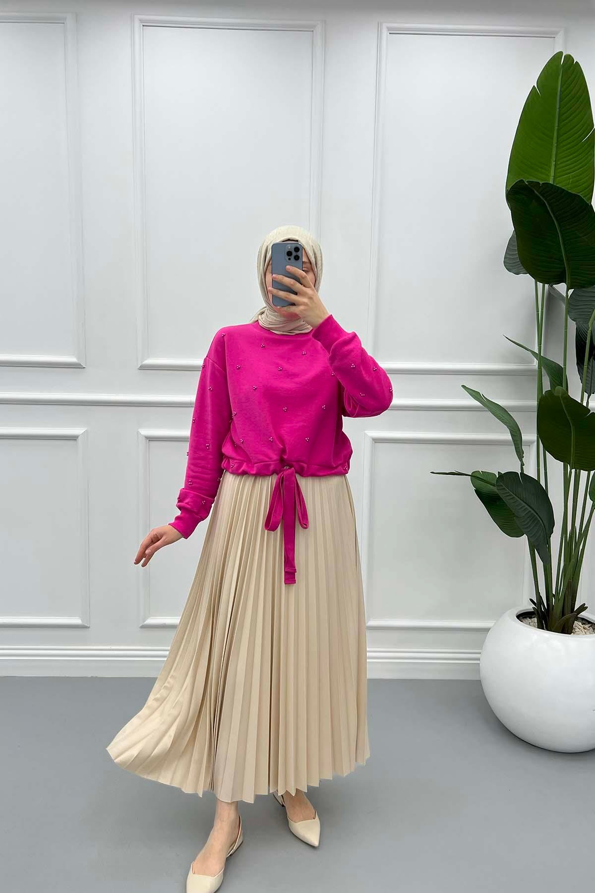 Boncuklu Kısa Sweatshirt Pembe