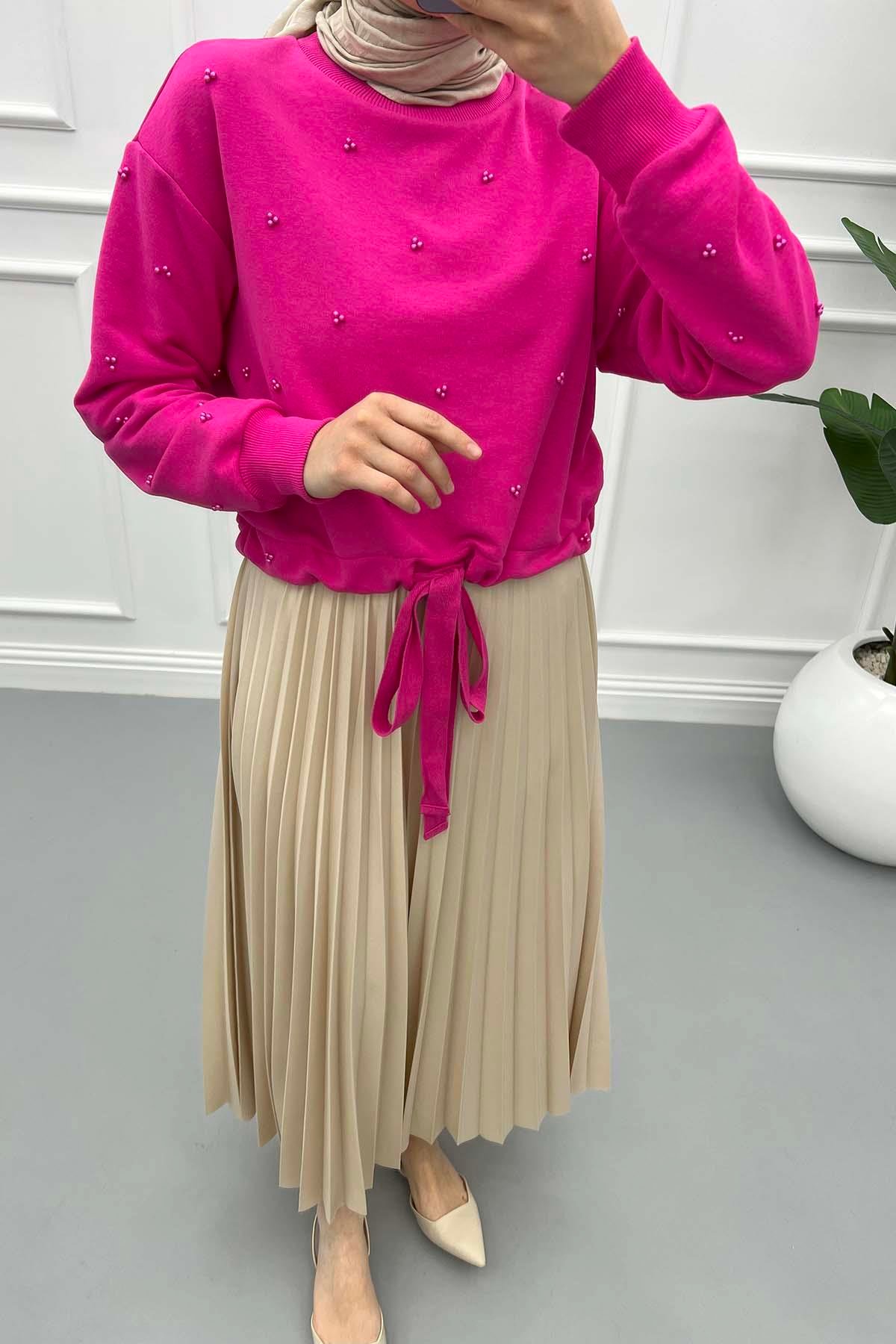 Boncuklu Kısa Sweatshirt Pembe