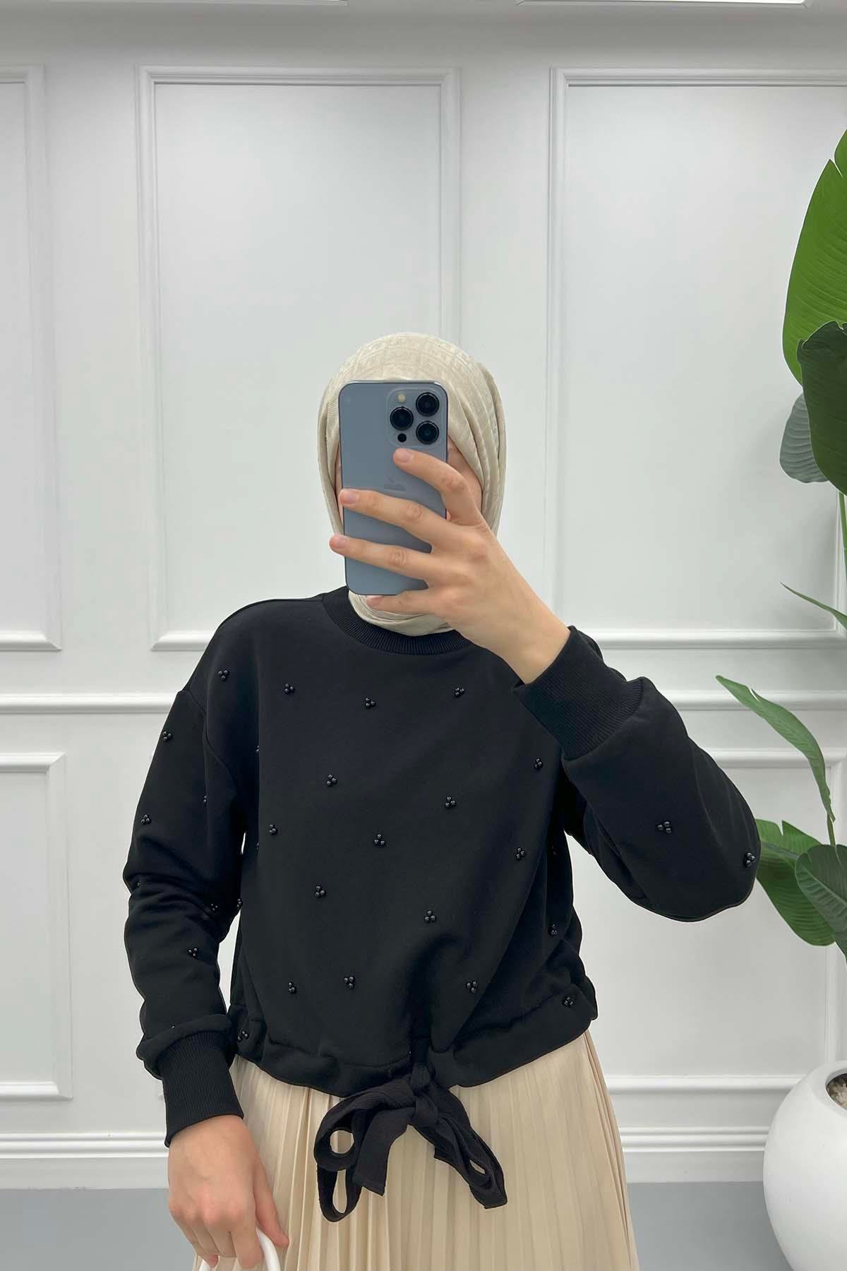 Boncuklu Kısa Sweatshirt Siyah