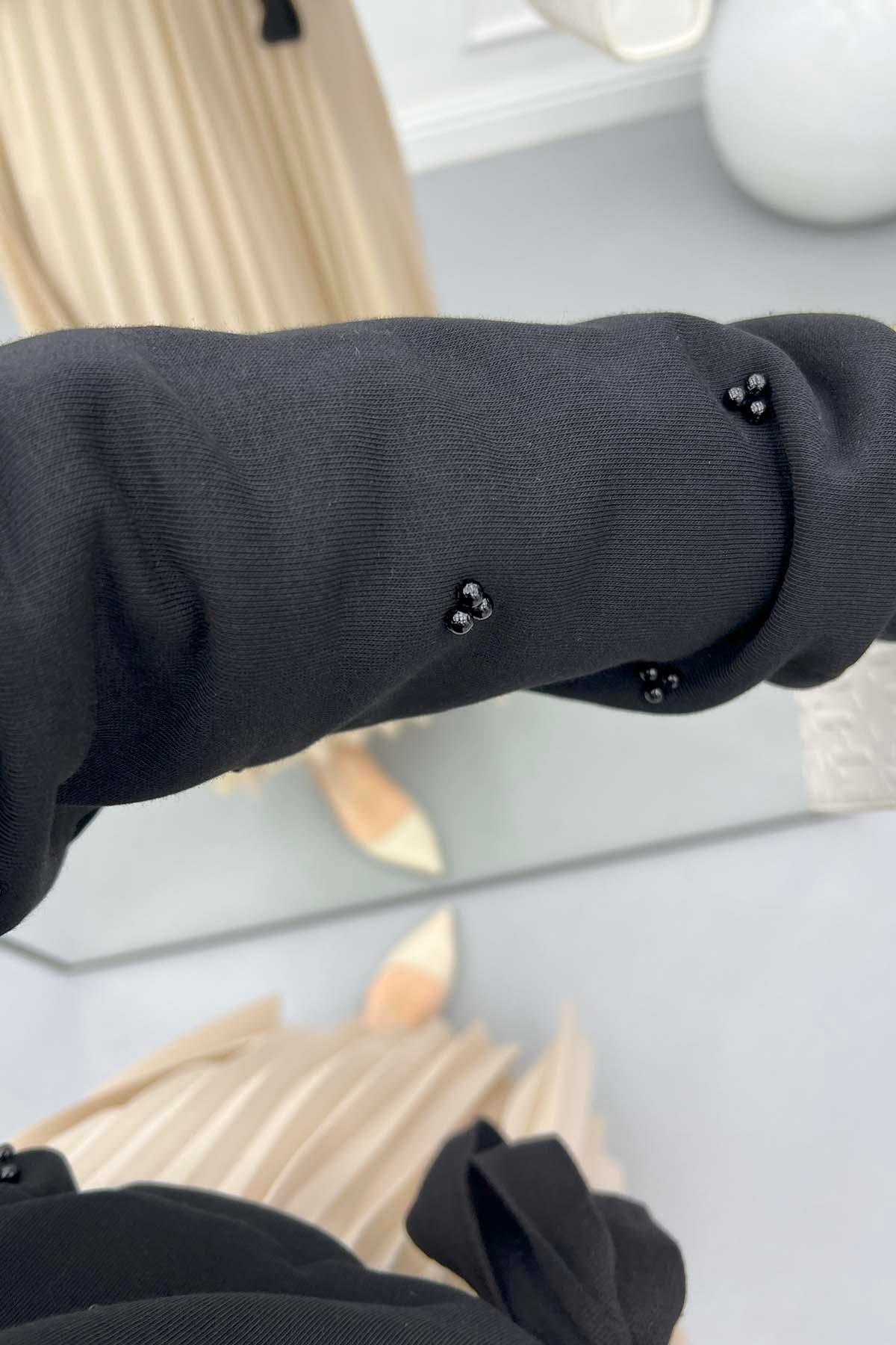 Boncuklu Kısa Sweatshirt Siyah