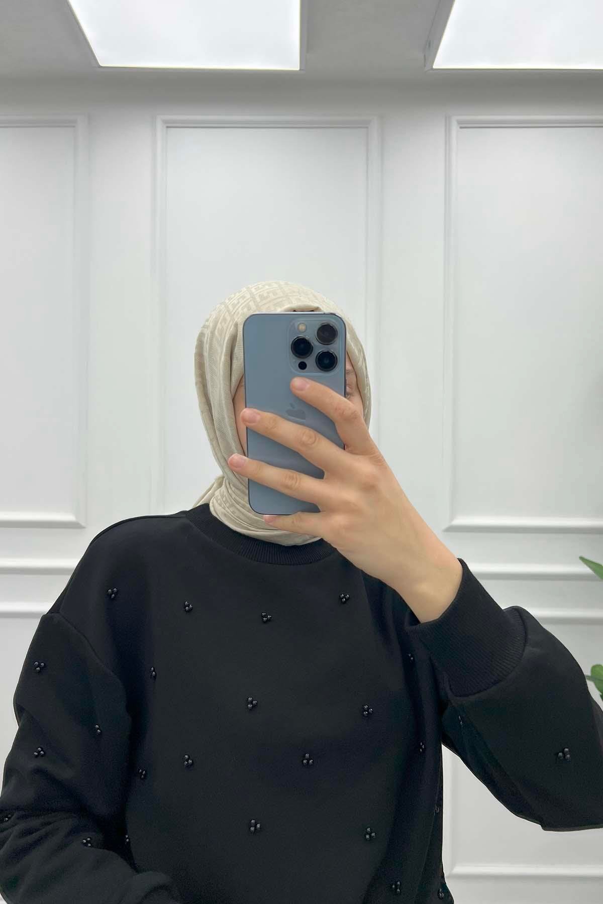 Boncuklu Kısa Sweatshirt Siyah