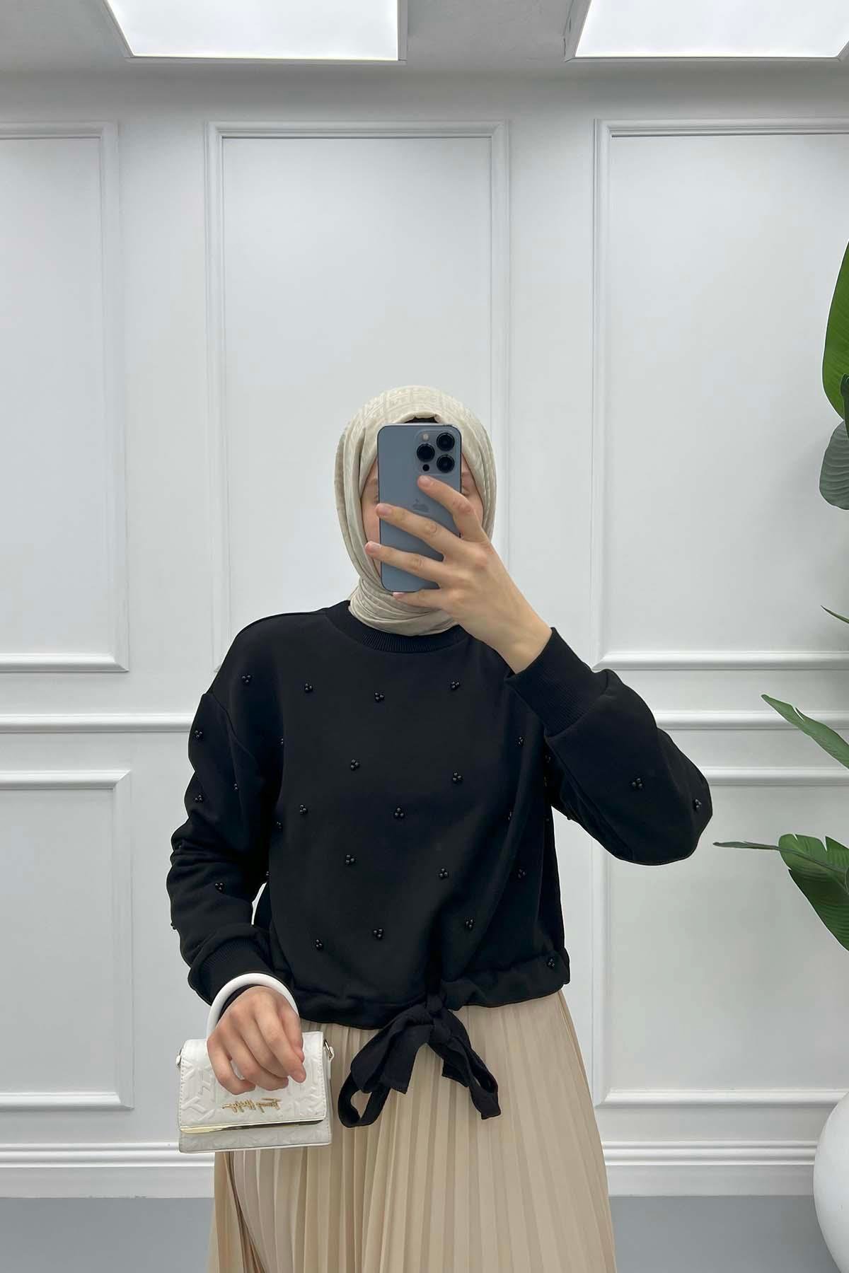 Boncuklu Kısa Sweatshirt Siyah