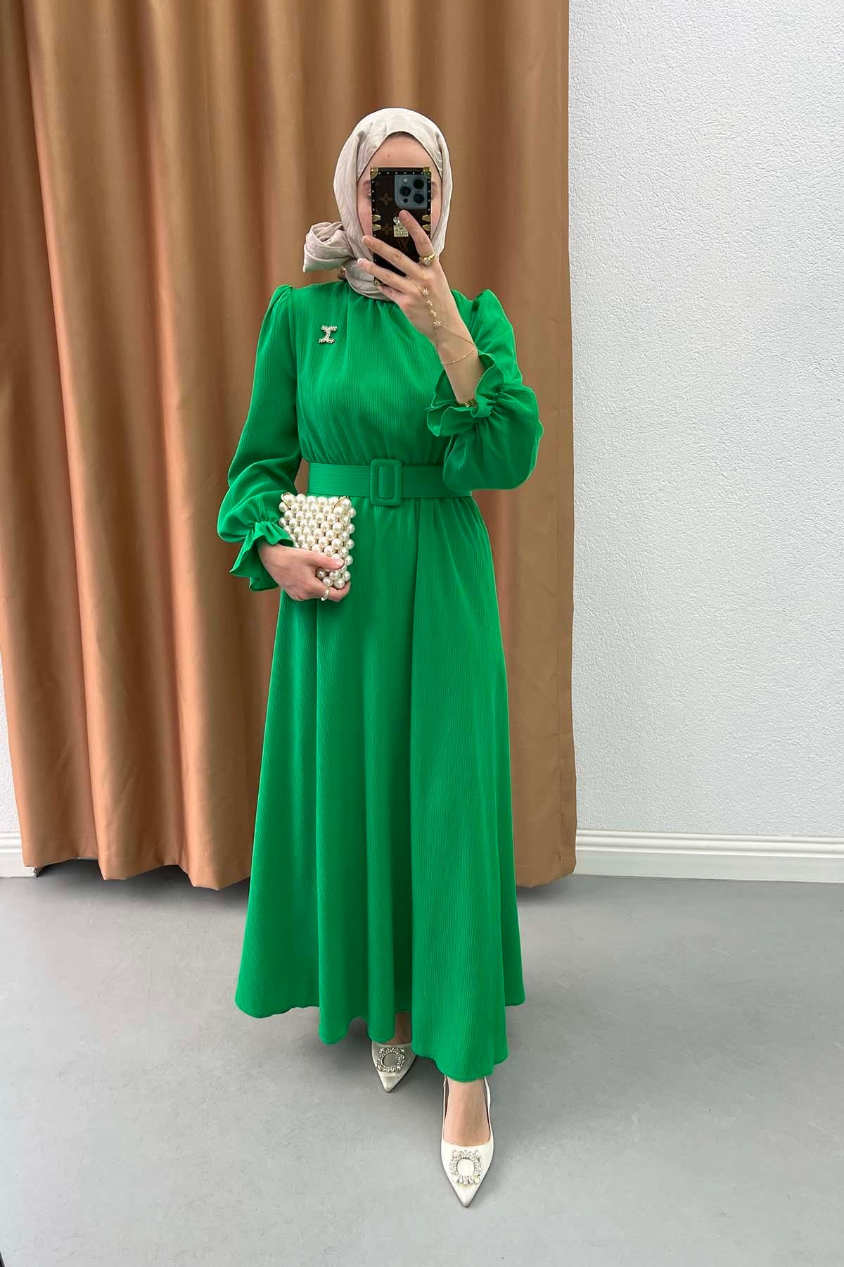 Broşlu Büzgülü Elbise Benetton Yeşil