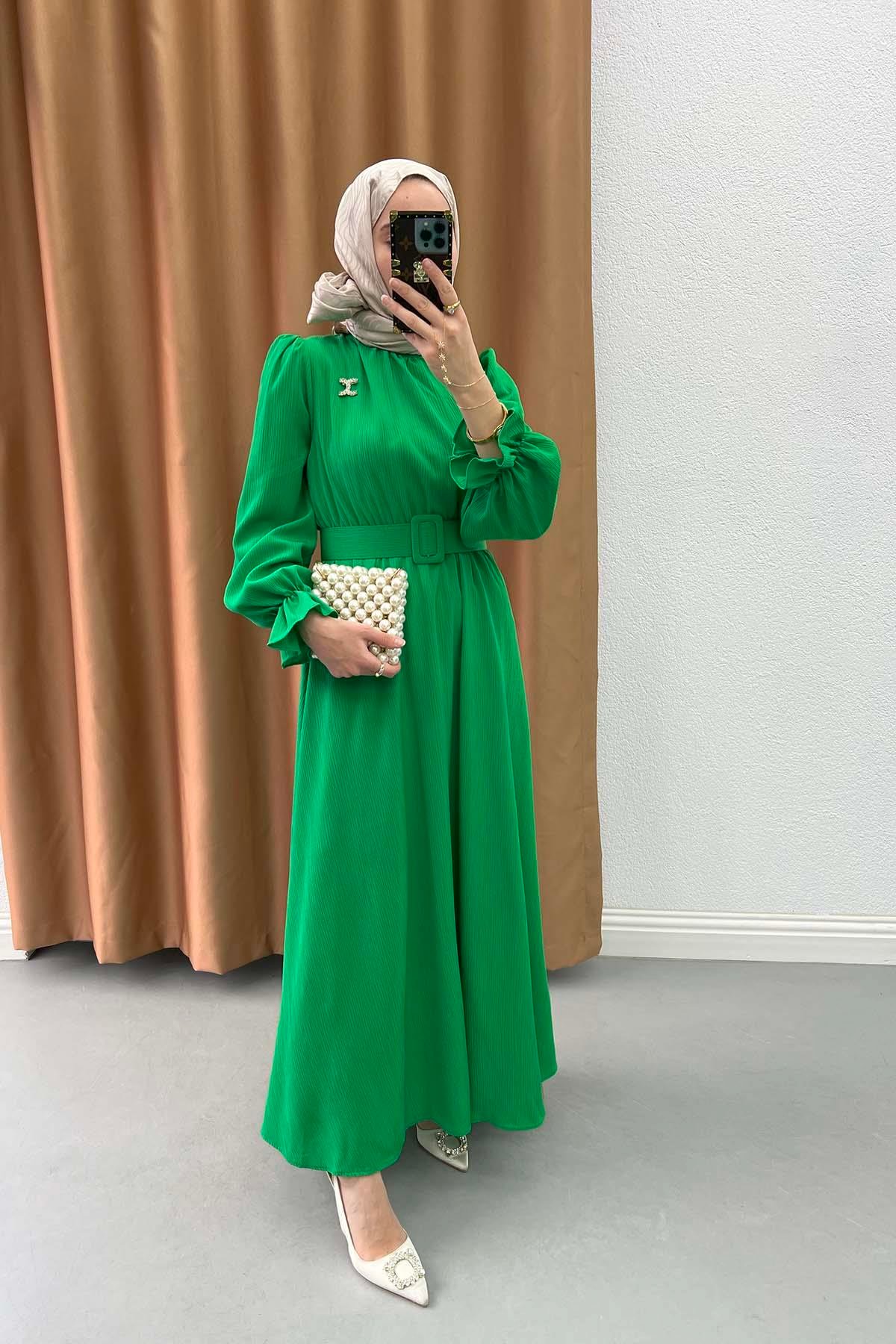 Broşlu Büzgülü Elbise Benetton Yeşil