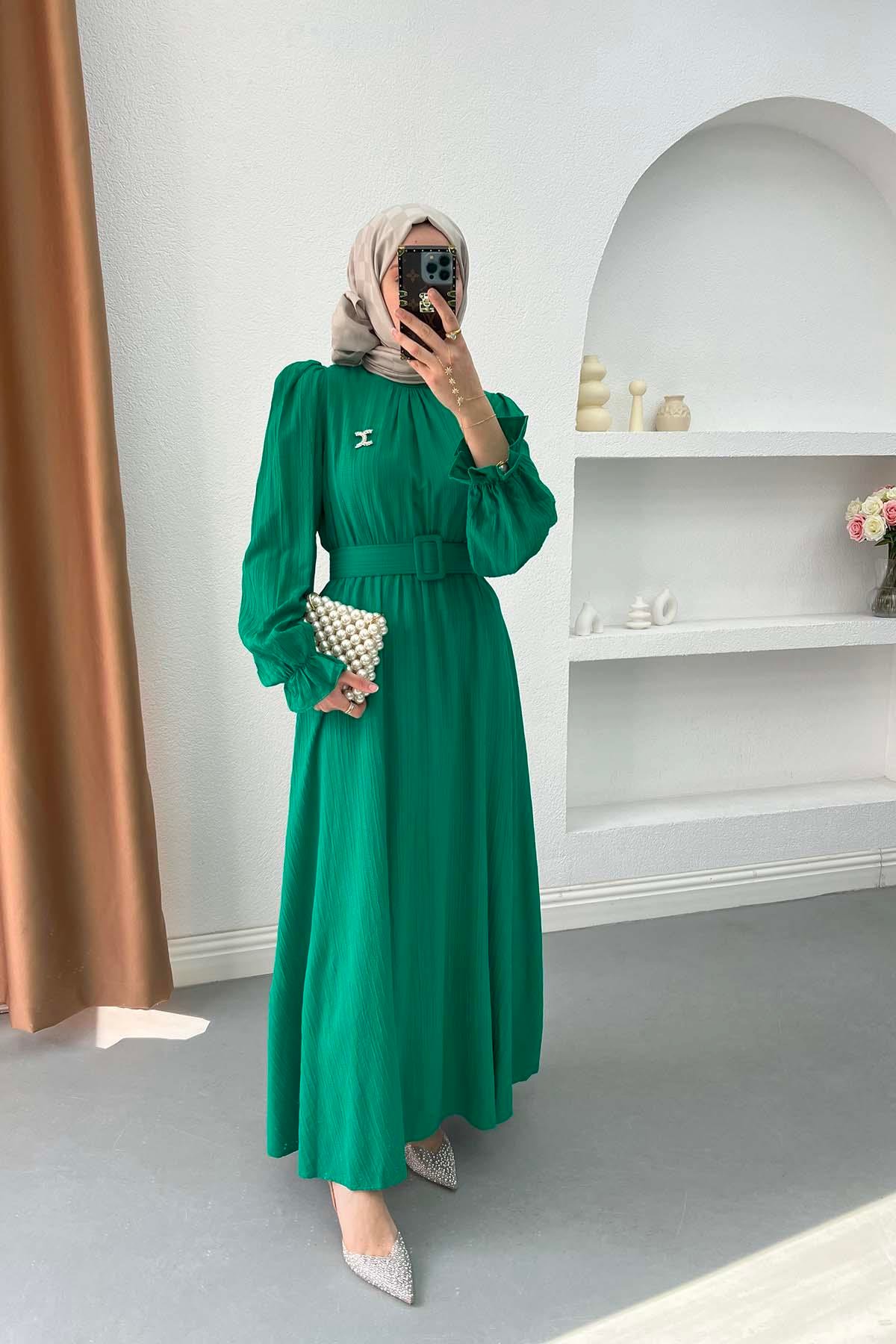 Broşlu Kemerli Elbise Benetton Yeşil