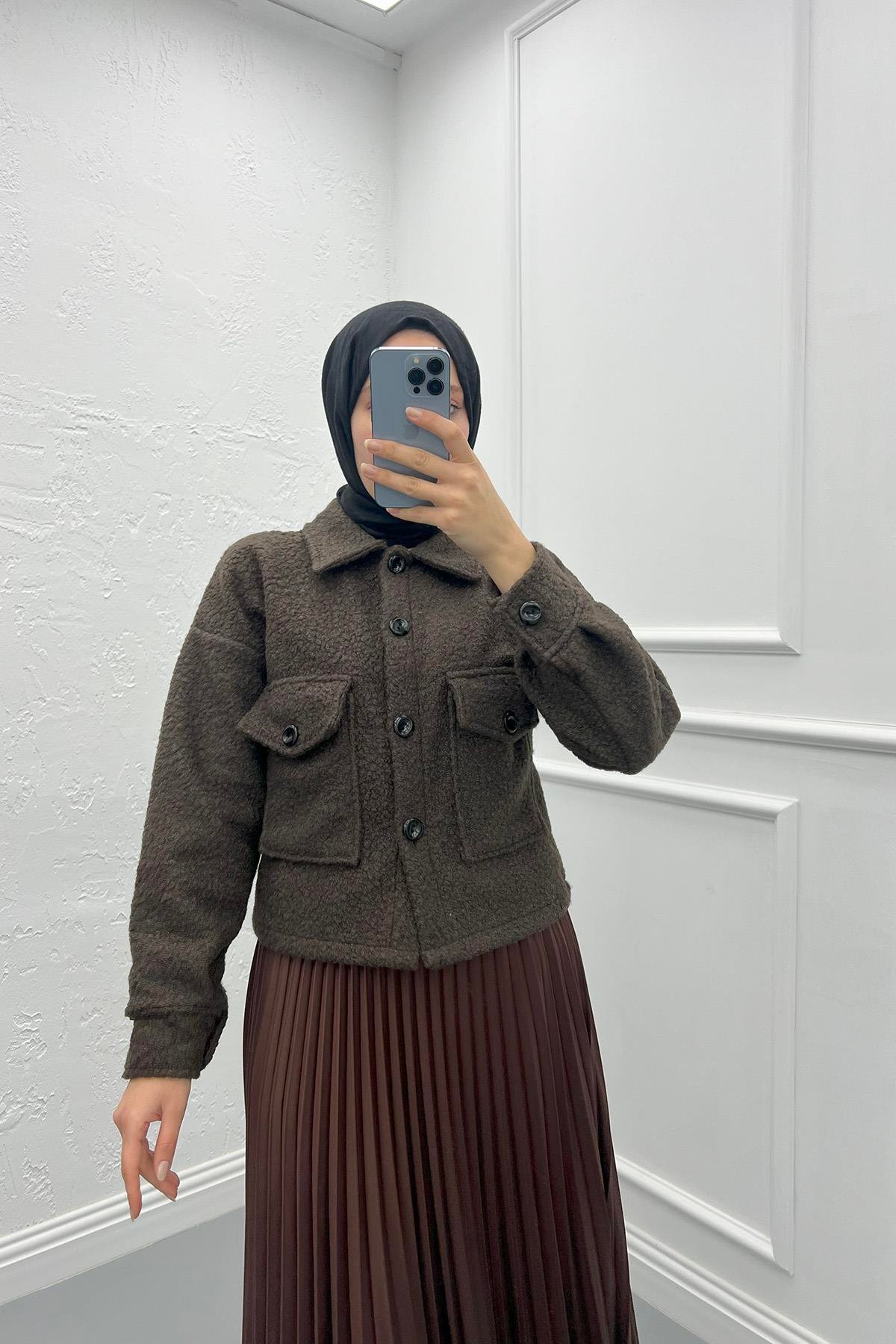 Buklet Cepli Crop Ceket Acı Kahve