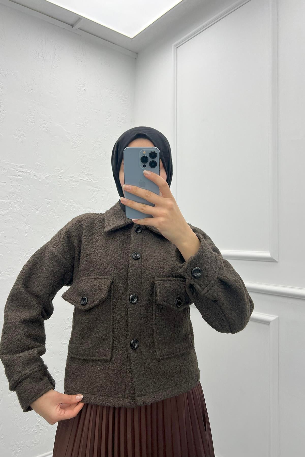 Buklet Cepli Crop Ceket Acı Kahve