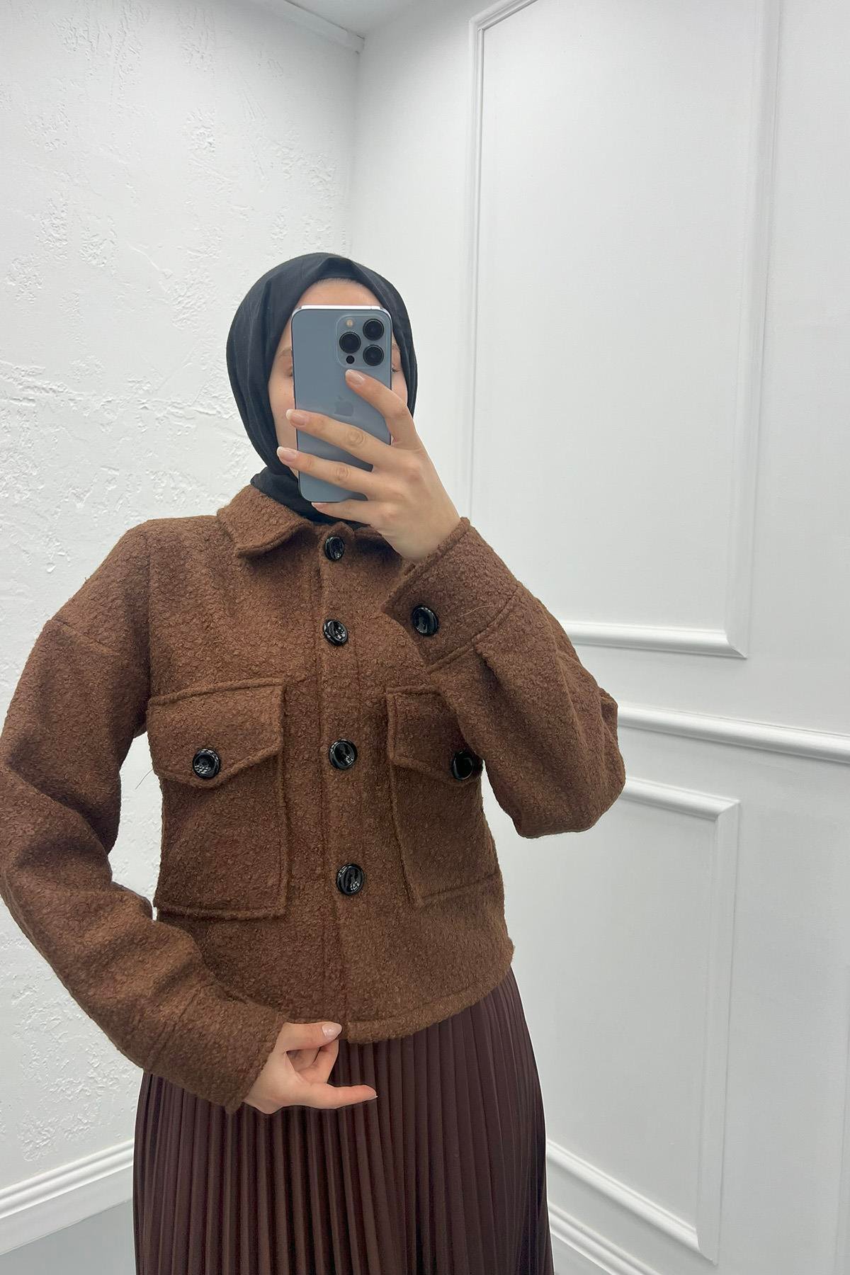 Buklet Cepli Crop Ceket Kahve