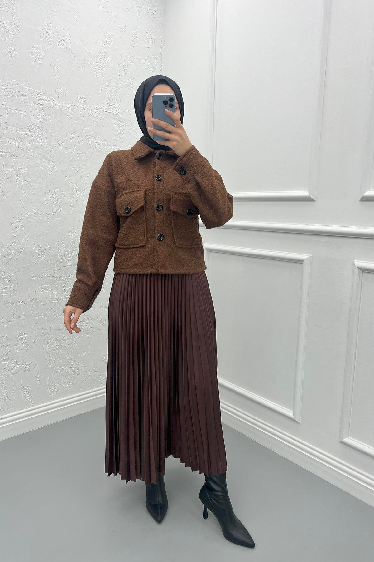 Buklet Cepli Crop Ceket Kahve