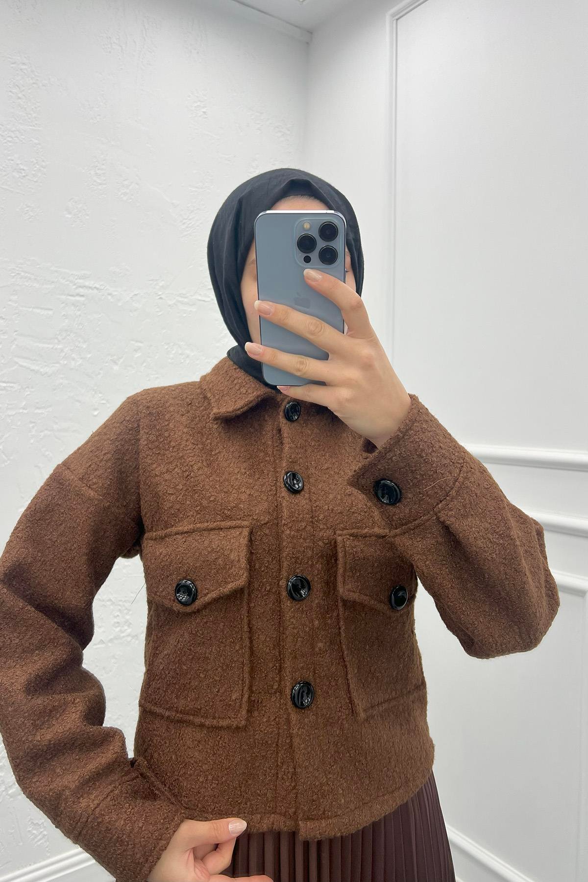 Buklet Cepli Crop Ceket Kahve
