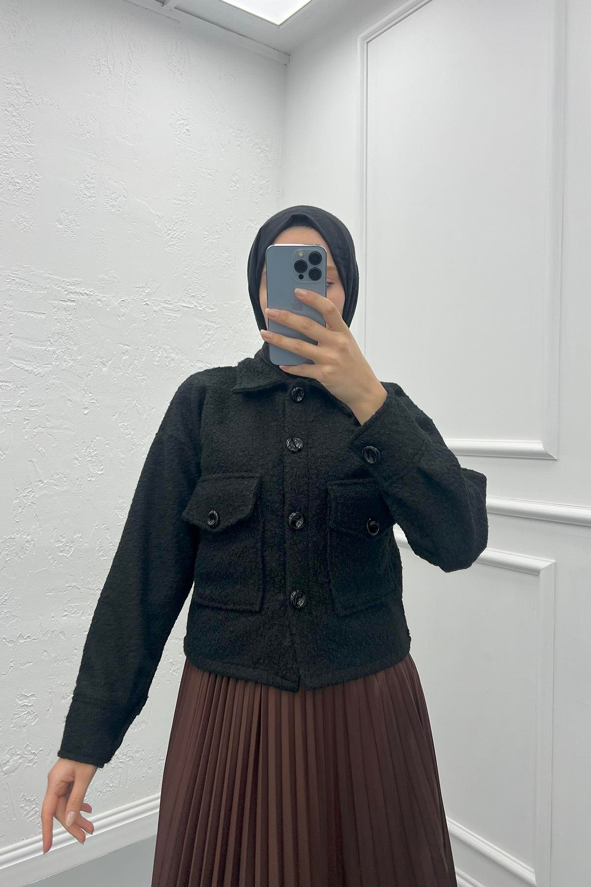 Buklet Cepli Crop Ceket Siyah
