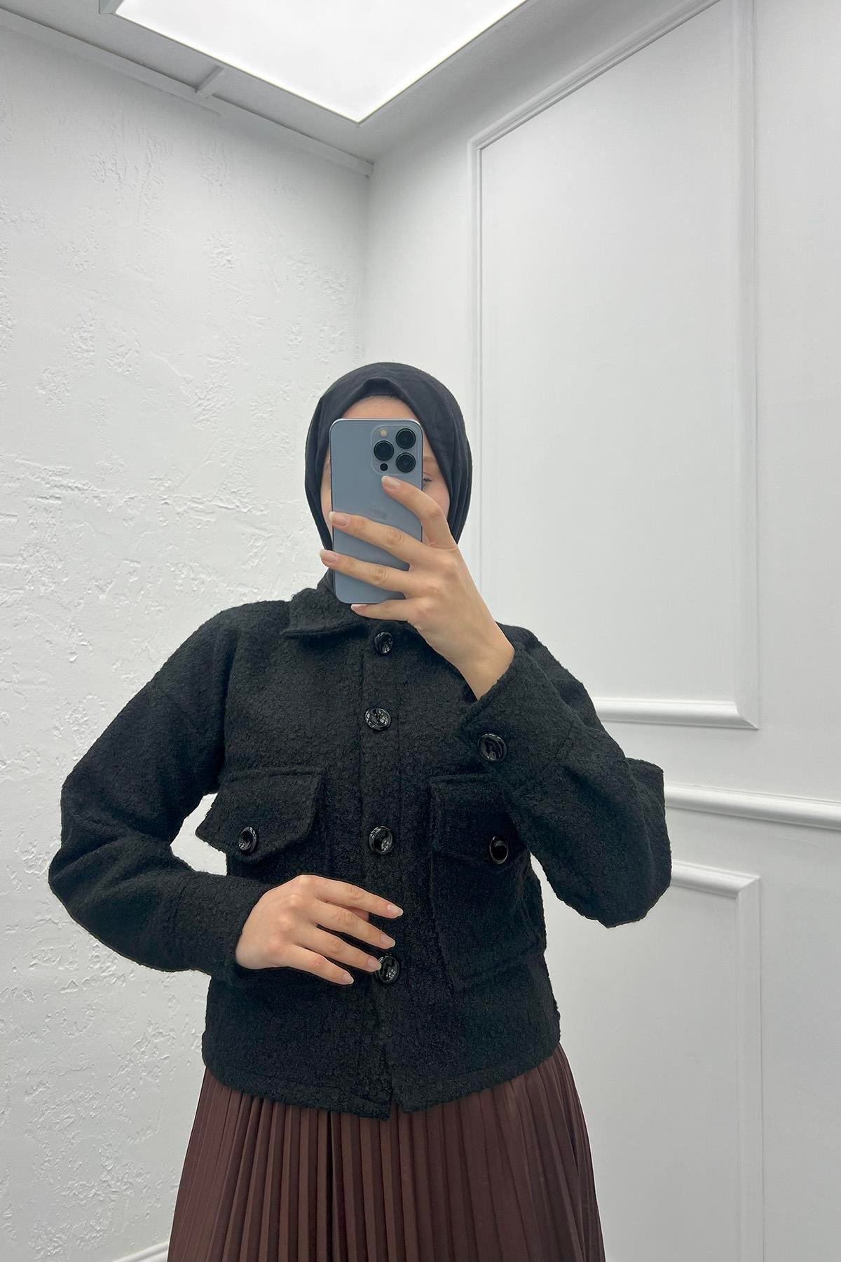 Buklet Cepli Crop Ceket Siyah