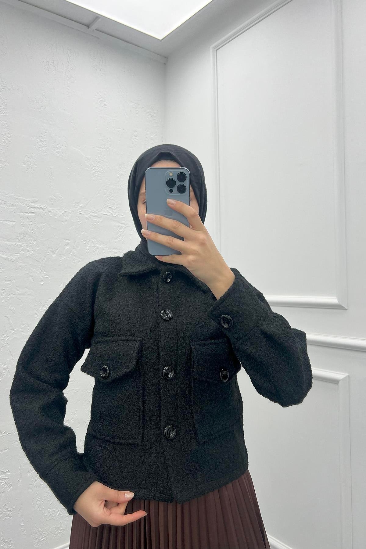 Buklet Cepli Crop Ceket Siyah