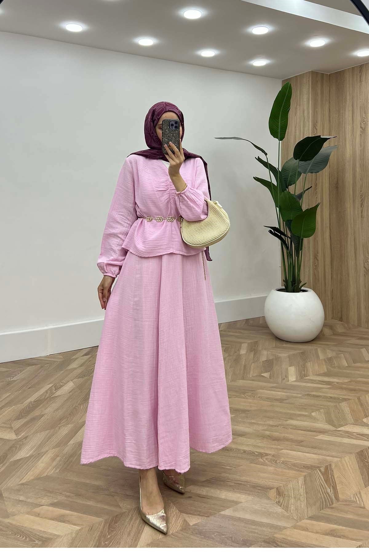 Büzgü Detaylı V Yaka İkili Takım Pembe