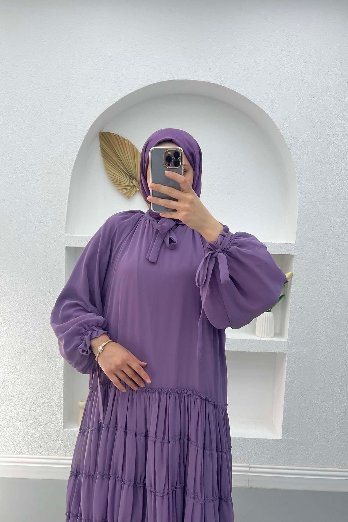 Büzgü ve Fırfır Detaylı Elbise Lila
