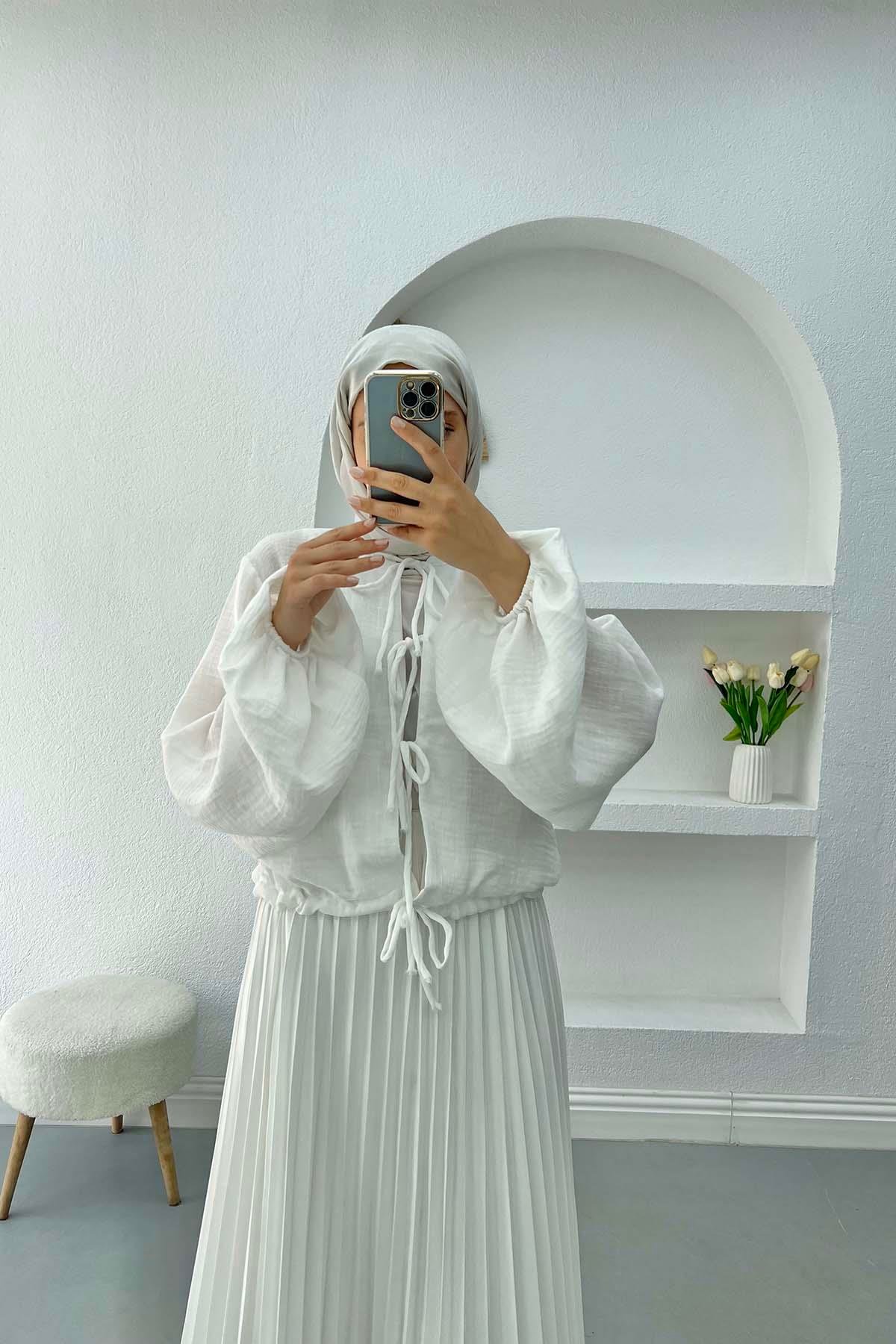 Büzgülü Bağlamalı Bluz Beyaz